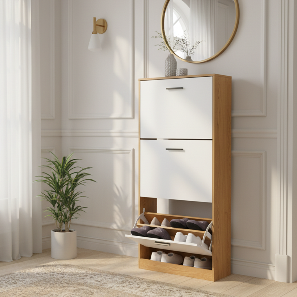 Liora Modern Shoe Cabinet with 3 Tilt-Out Drawers, White & Natural