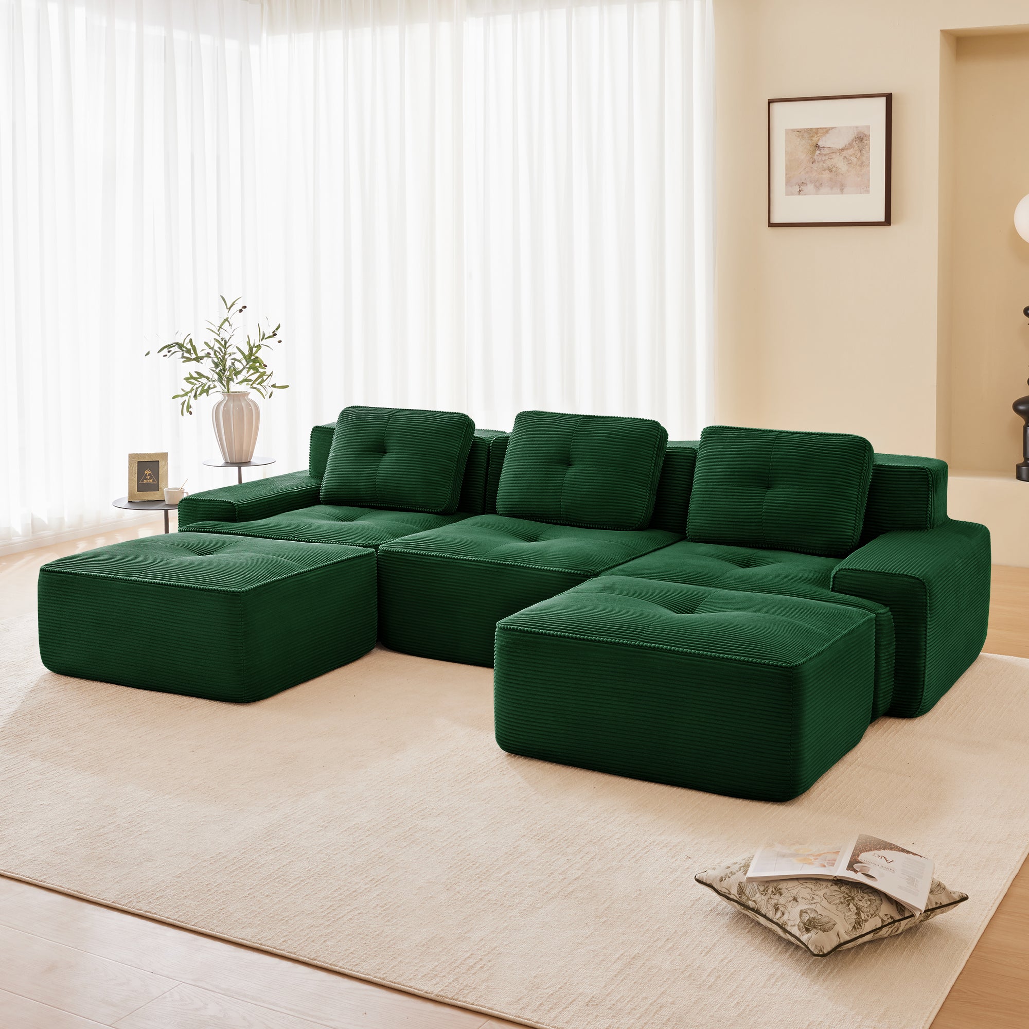 Racine 117" Modular Corduroy Fabric U-Shaped Sectional Sofa with Deep Seat and Movable Ottoman