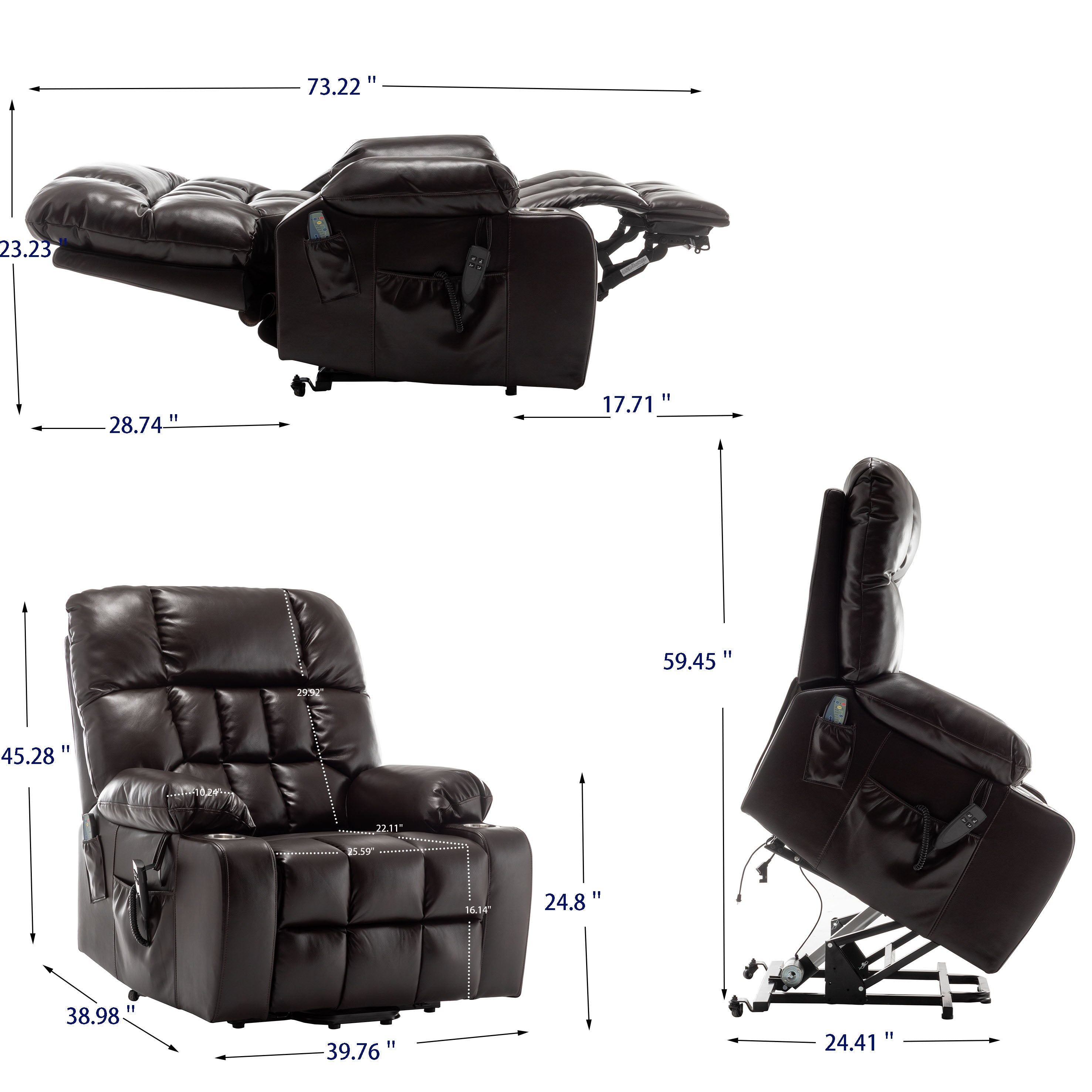 Majesty 40" Oversized PU Leather Power Lift Recliner Chair with Massage and Heat