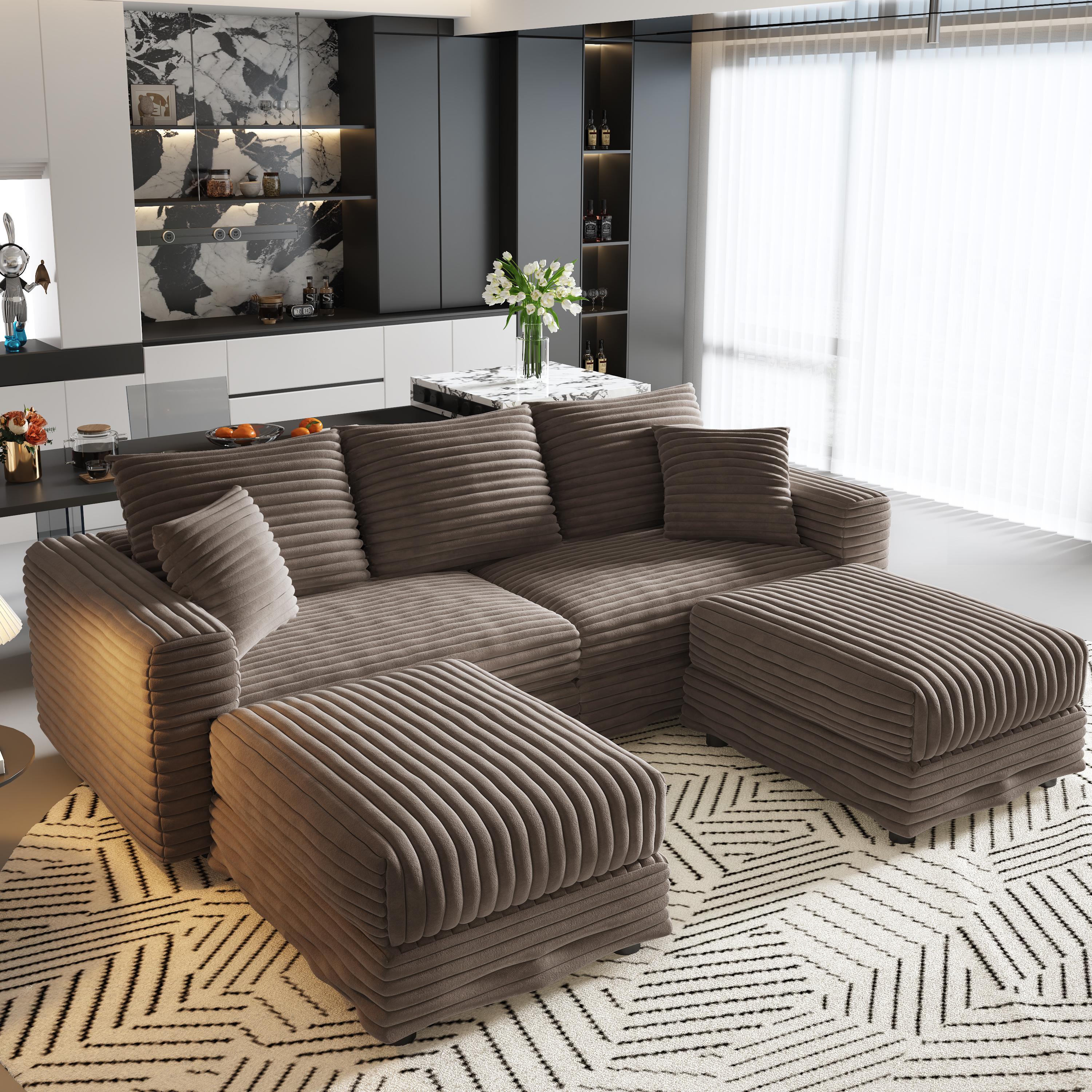Norwalk 83" Modular Plush Corduroy U-Shaped Sectional Sofa with 2 Movable Ottomans