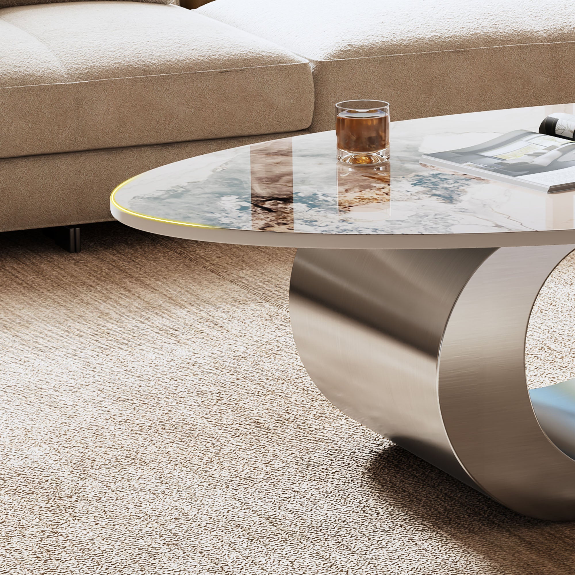 Varese 49" Modern Oval Coffee Table with Marble Top and Sculptural Gold Base