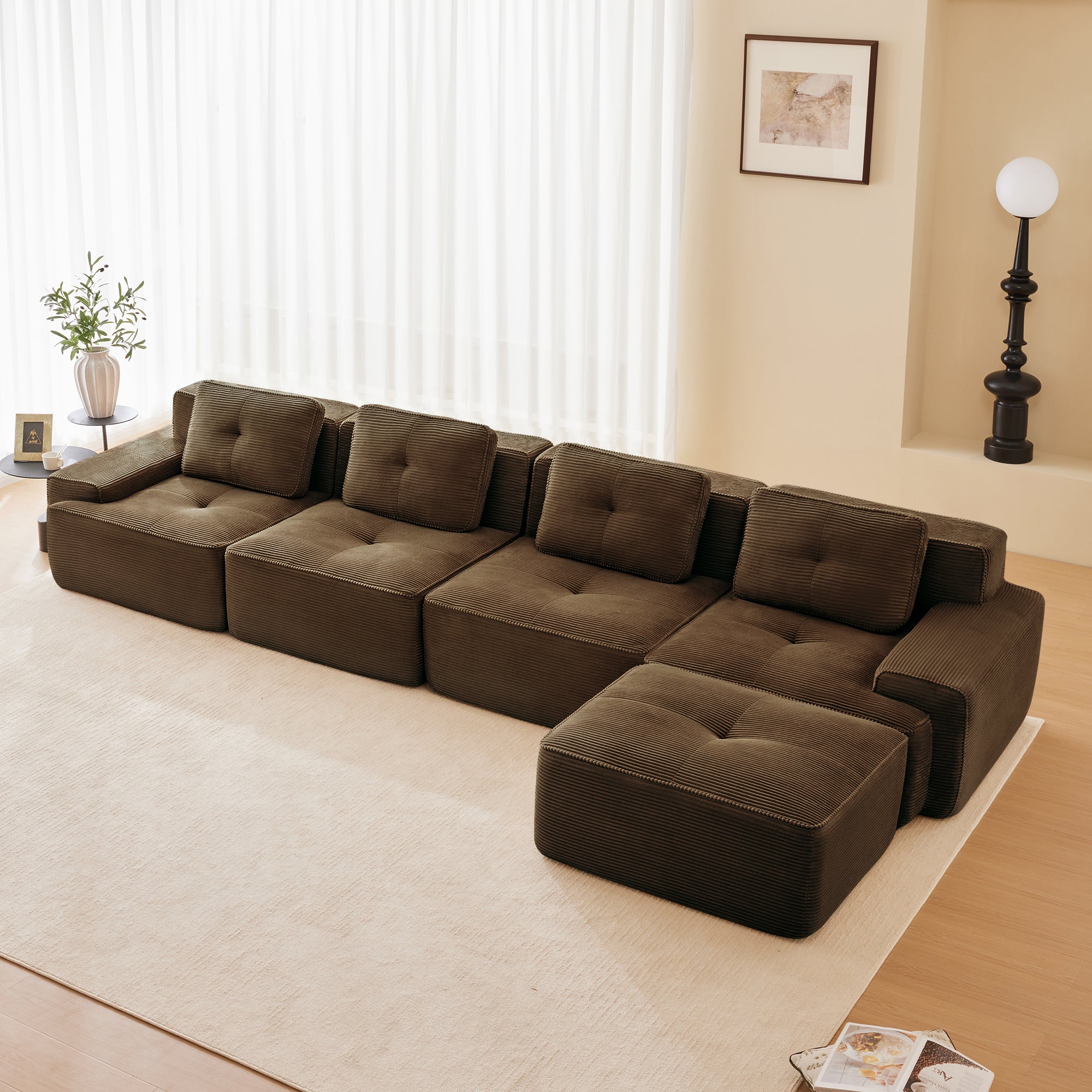 Racine 153" Modular Corduroy Fabric L-Shaped Sectional Sofa with Deep Seat and Movable Ottoman