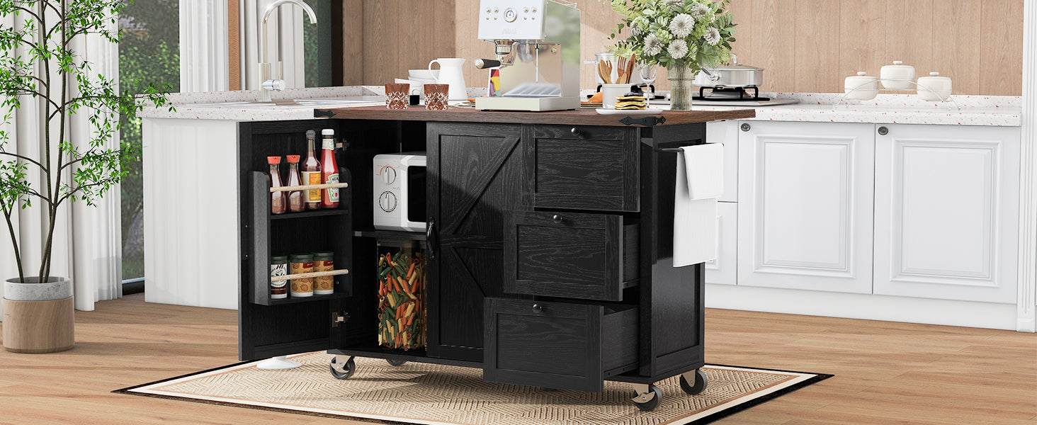 54.5" Farmhouse Kitchen Island with Power Outlet, Kitchen Storage Island  with Internal Storage Rack, Drop Leaf, Spice Rack, Rolling Kitchen Cart on Wheels, for Home, Kitchen and Dining Room,Black