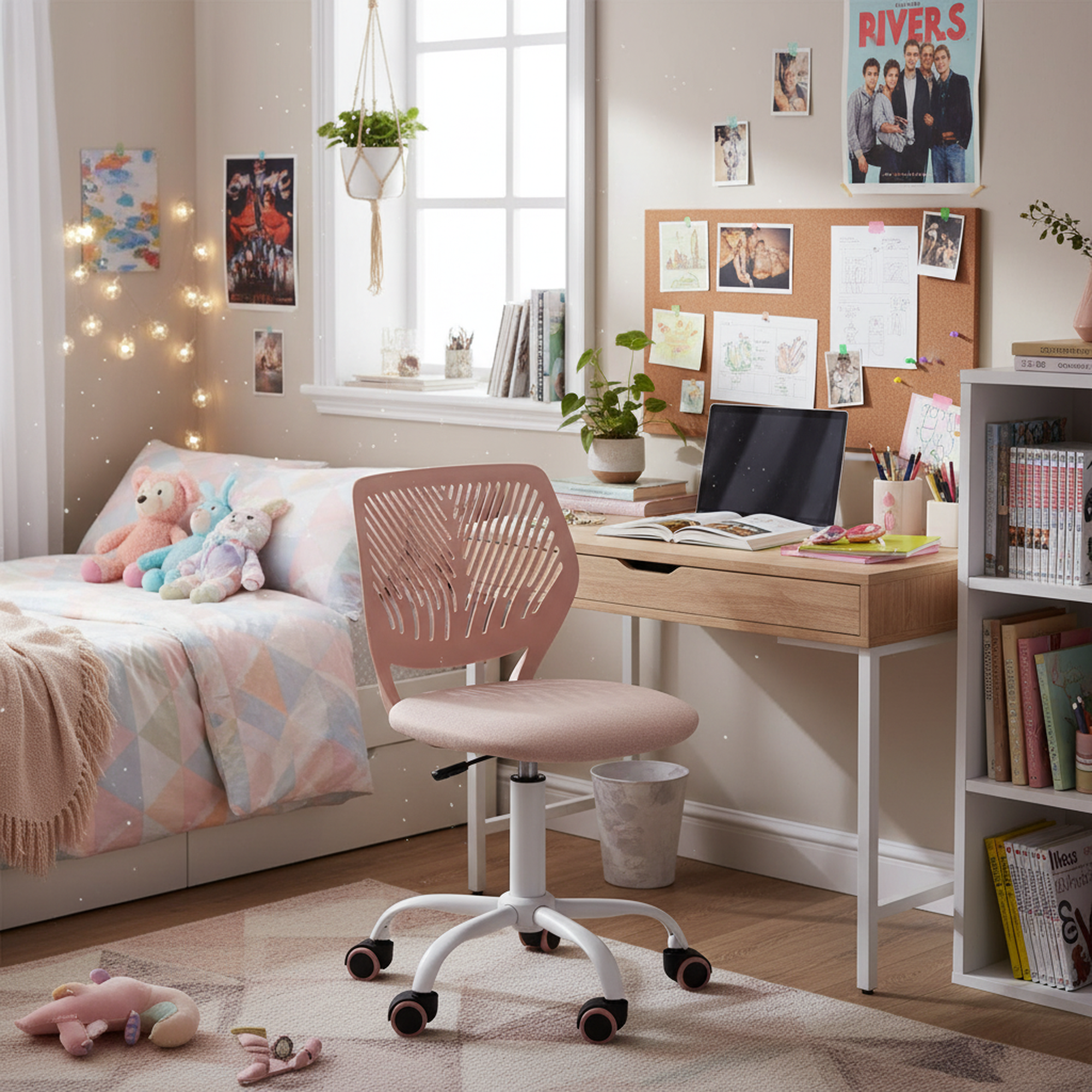 Homy Casa Pink Office Chair, 44x40x74in, Modern Fabric Swivel Desk Chair with Ergonomic Back, Adjustable Height, White Metal Base, PU Casters, for Home Office, Study, Makeup, 1 Pack