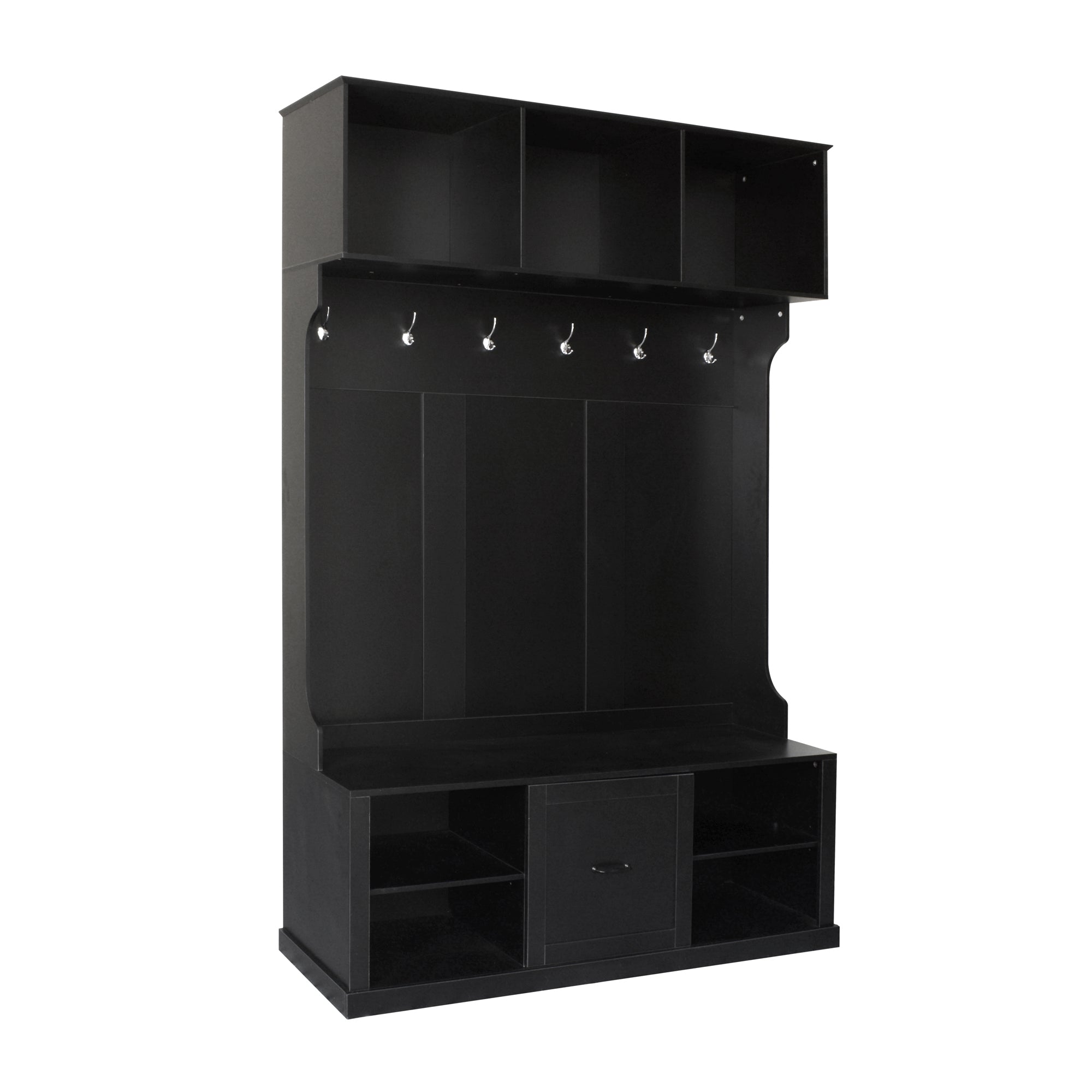 ATLAS 57" Modern Wood 3-in-1 Hall Tree Bench with Drawer and 6 Hooks