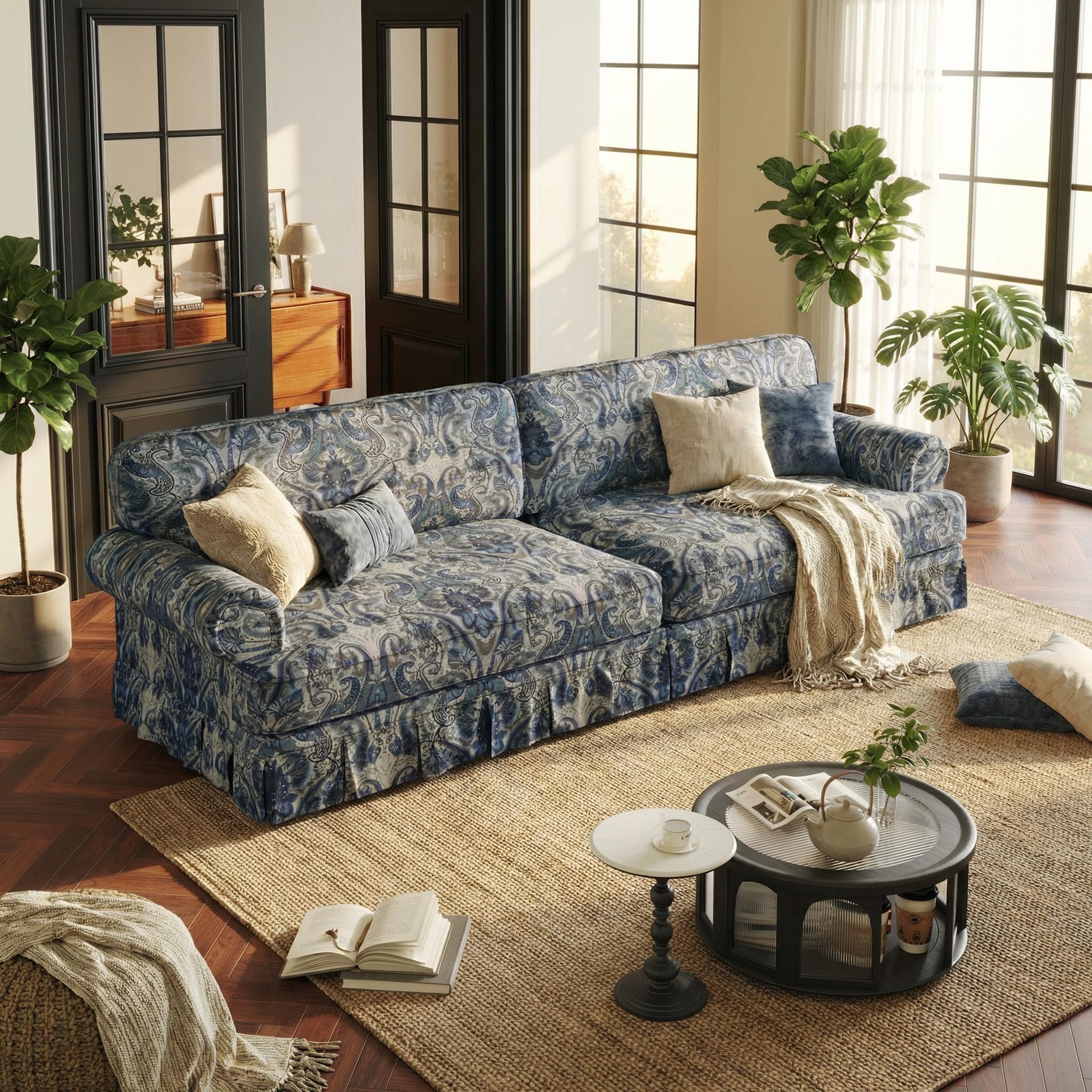 Livonia 94" Oxford Fabric 4-Seater Sofa with Rolled Arms and Pleated Skirt Mid-Century Design