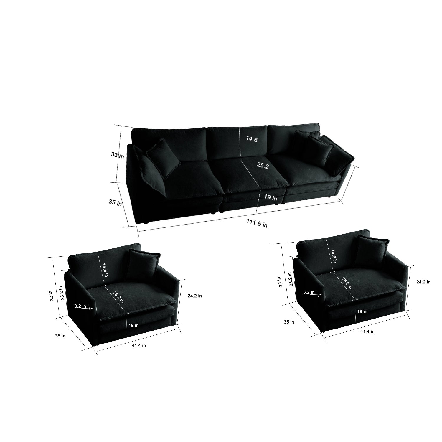 Fremont 3 Piece Chenille Upholstered Modular Sofa Set with Armchairs and 3-Seater Sofa