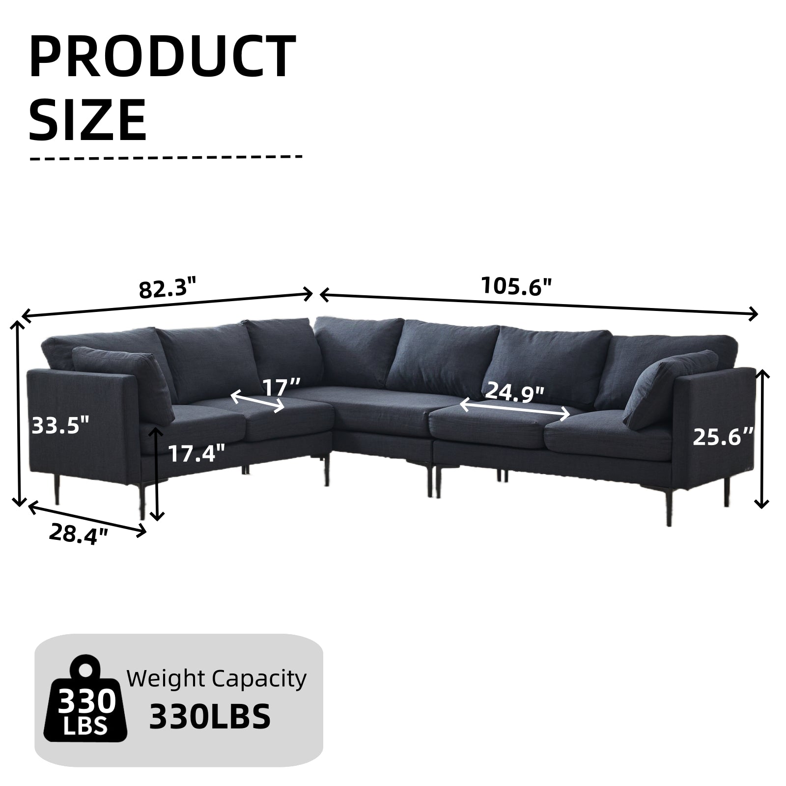 Lyon 106" L-Shaped 6-Seater Linen Sectional Sofa with Pillows