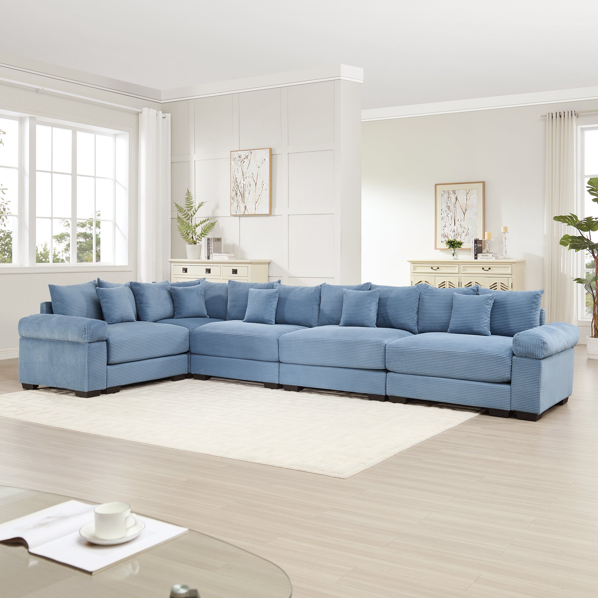 Albany 155" Modular Corduroy Oversized Cloud L-Shaped Sectional Sofa with Ottoman