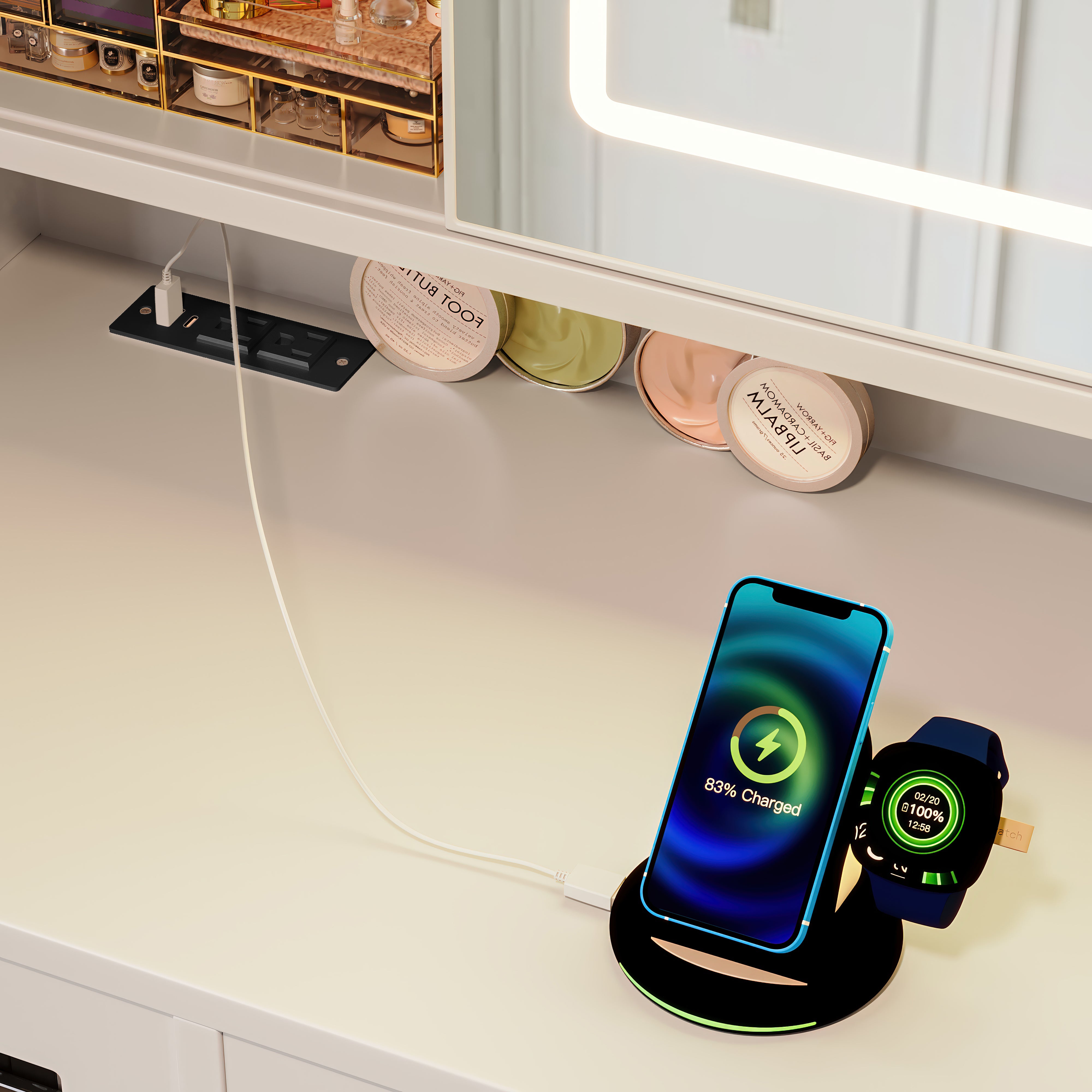 Homy Casa Kiruna 41" Modern Vanity Table Set with Sliding LED Mirror and Charging Station, White