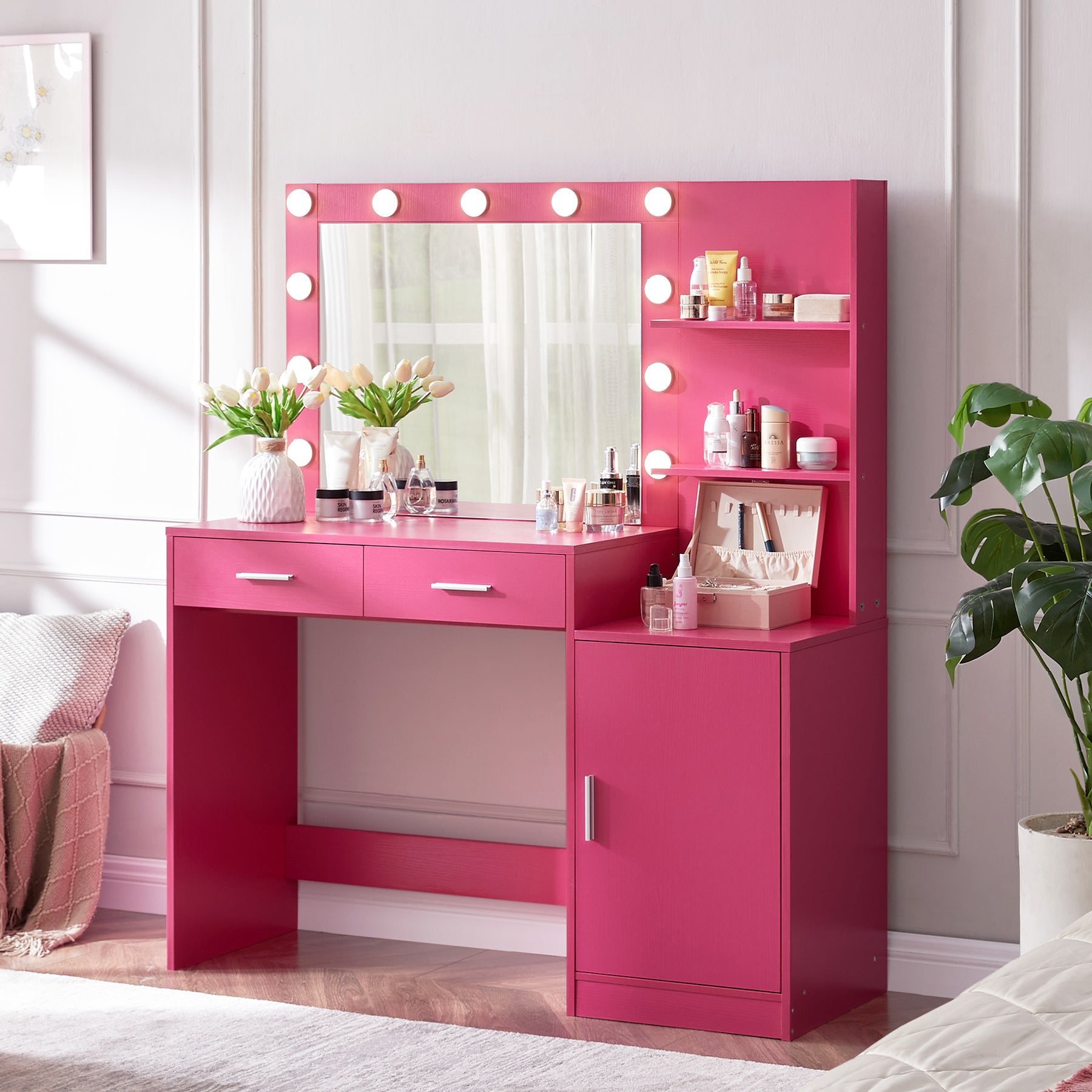 Espoo 46.4" Modern Vanity Desk with Lighted Mirror, Pink