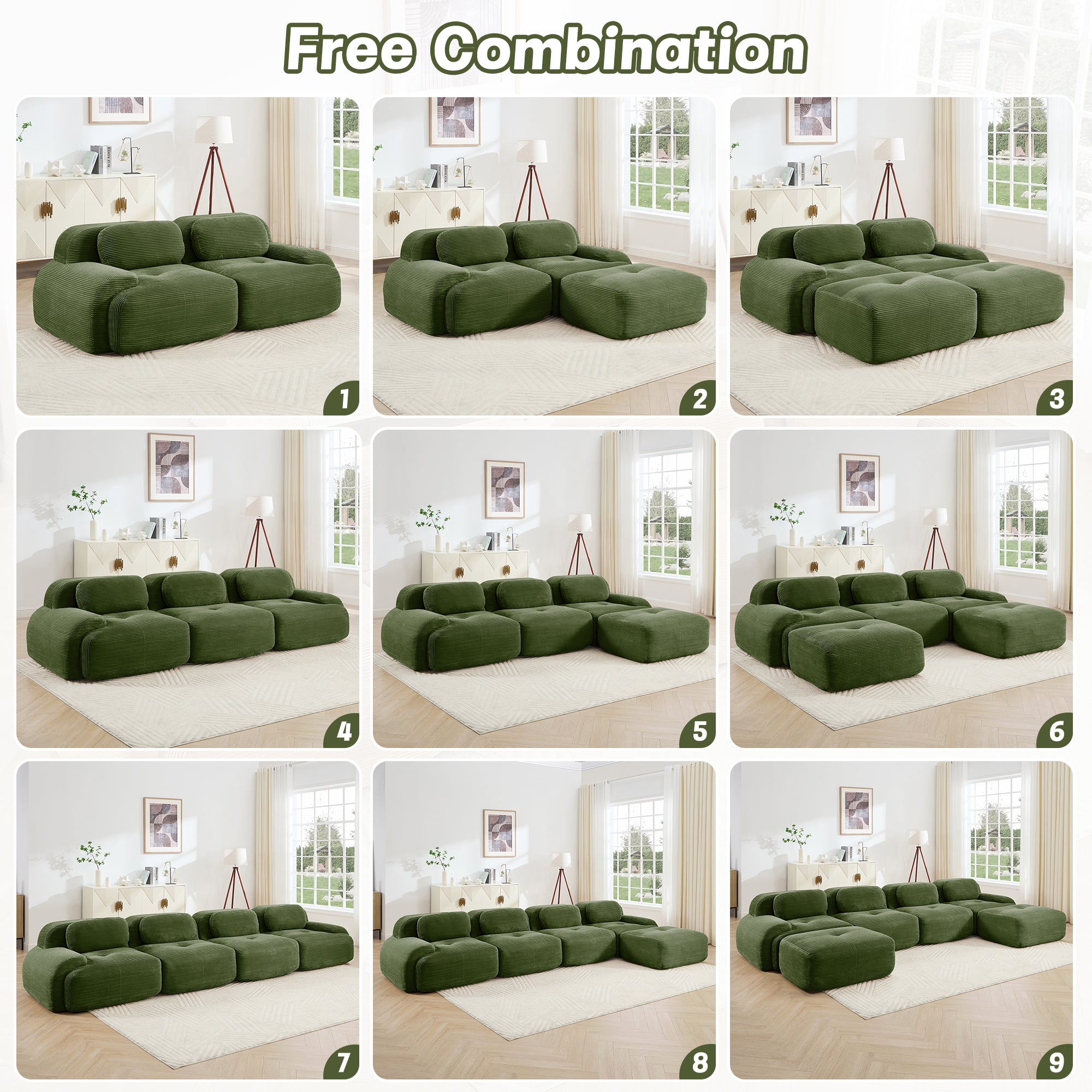 L-Shaped Modular Sofa, No Assembly, Ergonomic Design, Corduroy Fabric, Extra-Wide Armrests, Living Room/Bedroom, Olive Green