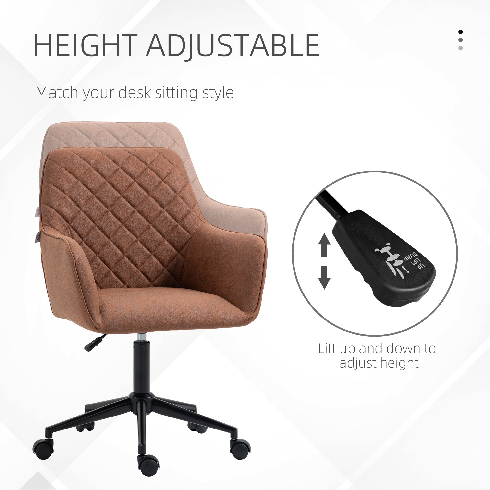 Mid Back Modern Home Office Chair Swivel Computer Desk Chair with Adjustable Height, Microfiber Cloth, Diamond Line Design, and Padded Armrests, Brown