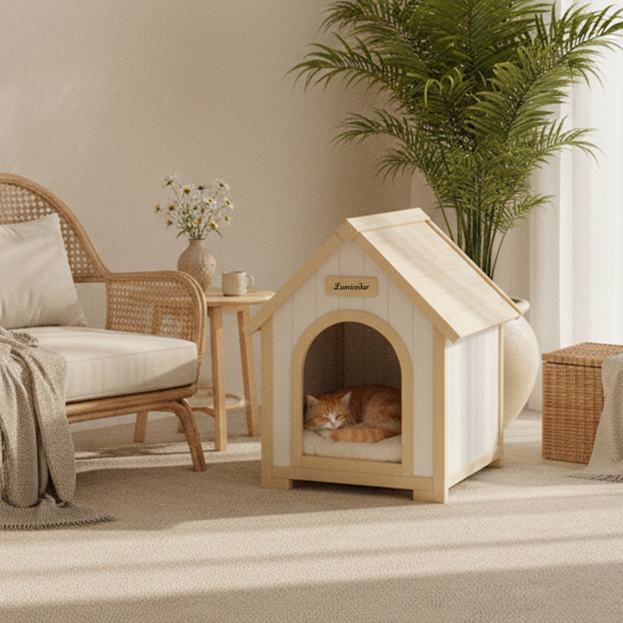 Homy Casa FSC Solid Cedar Pet House, 23.6" x 21.7" x 27.6", Indoor Cabin Shelter for Small Dogs & Cats, Cream Yellow