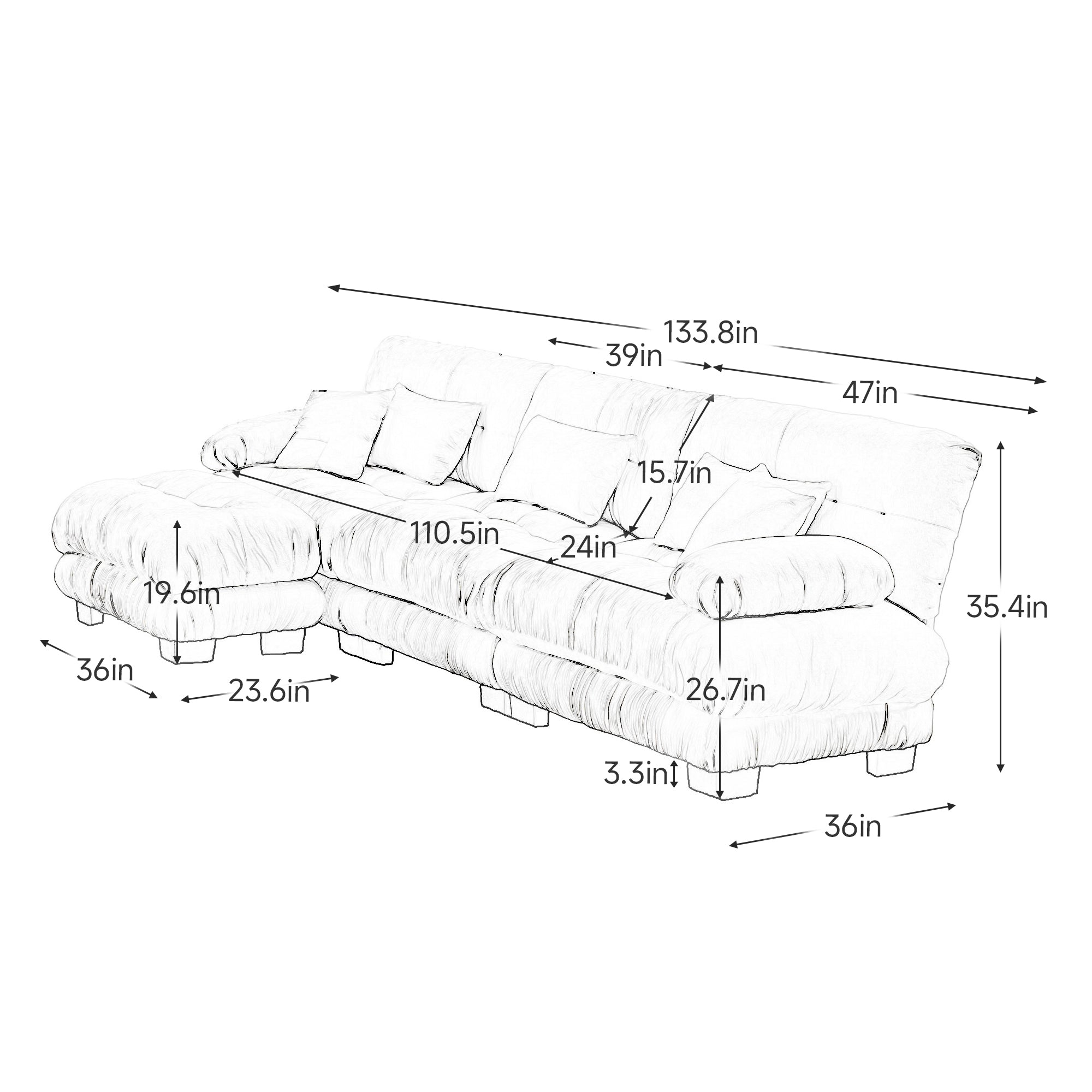 Monterey 134" Modular Chenille Cloud L-Shaped Sectional Sofa with Convertible Ottoman