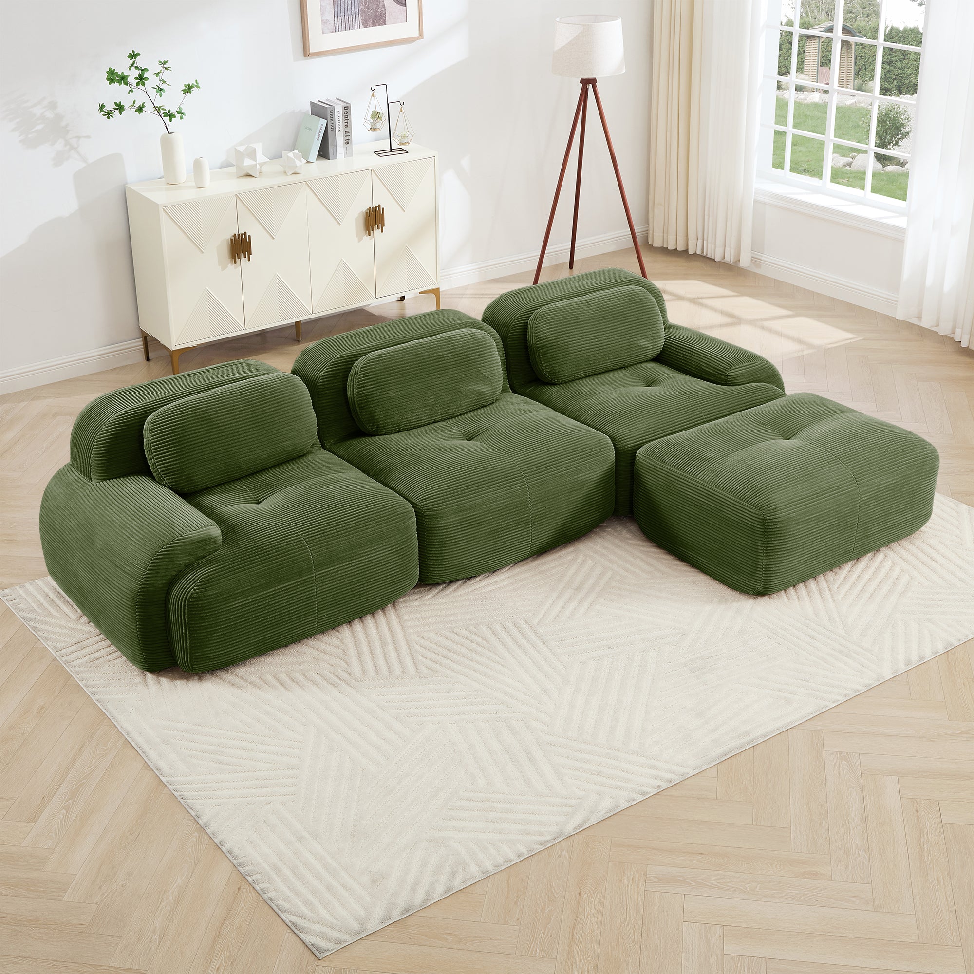 L-Shaped Modular Sofa, No Assembly, Ergonomic Design, Corduroy Fabric, Extra-Wide Armrests, Living Room/Bedroom, Olive Green