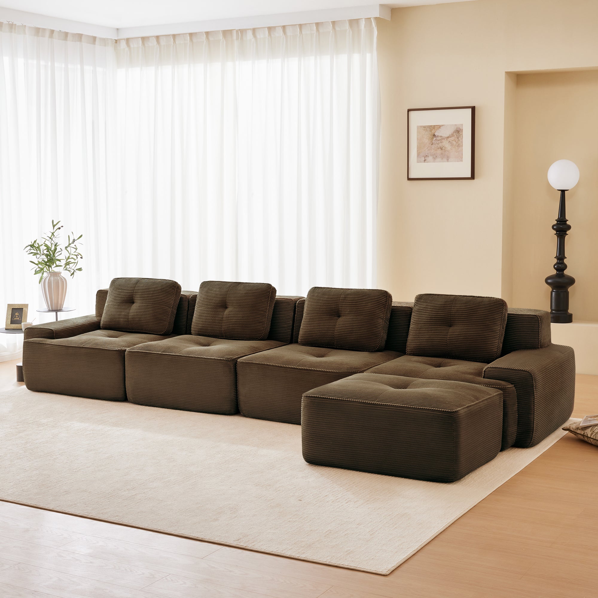 Racine 153" Modular Corduroy Fabric L-Shaped Sectional Sofa with Deep Seat and Movable Ottoman