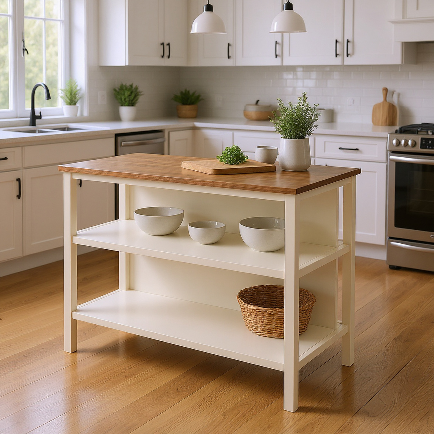 Solid Wood Rustic 45" Stationary Kitchen Island, Rubber Wood Butcher Block Dining Table Prep Table with 2 Open Shelves for Small Places