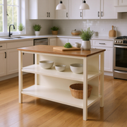 Solid Wood Rustic 45" Stationary Kitchen Island, Rubber Wood Butcher Block Dining Table Prep Table with 2 Open Shelves for Small Places