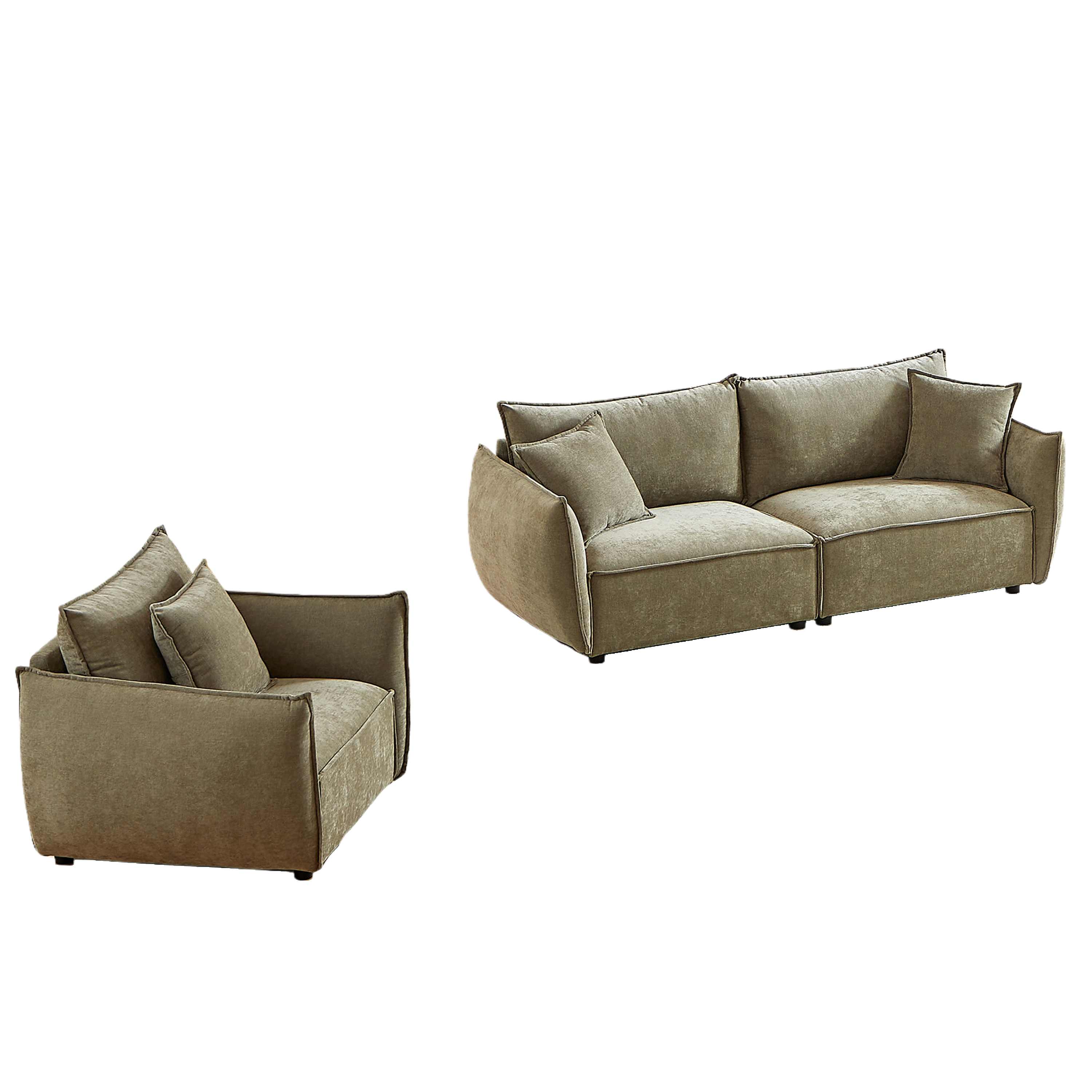 Phoenix 2 Piece Linen Fabric Sofa Set, Loveseat Sofa & Recliner Chair, Light Green