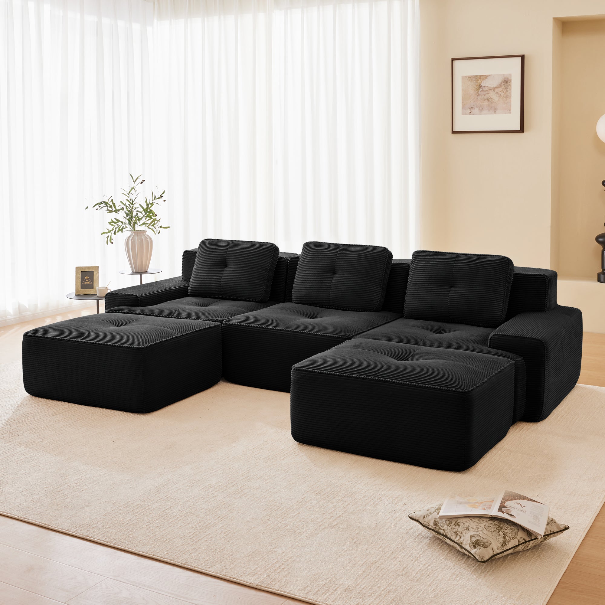 Racine 117" Modular Corduroy Fabric U-Shaped Sectional Sofa with Deep Seat and Movable Ottoman