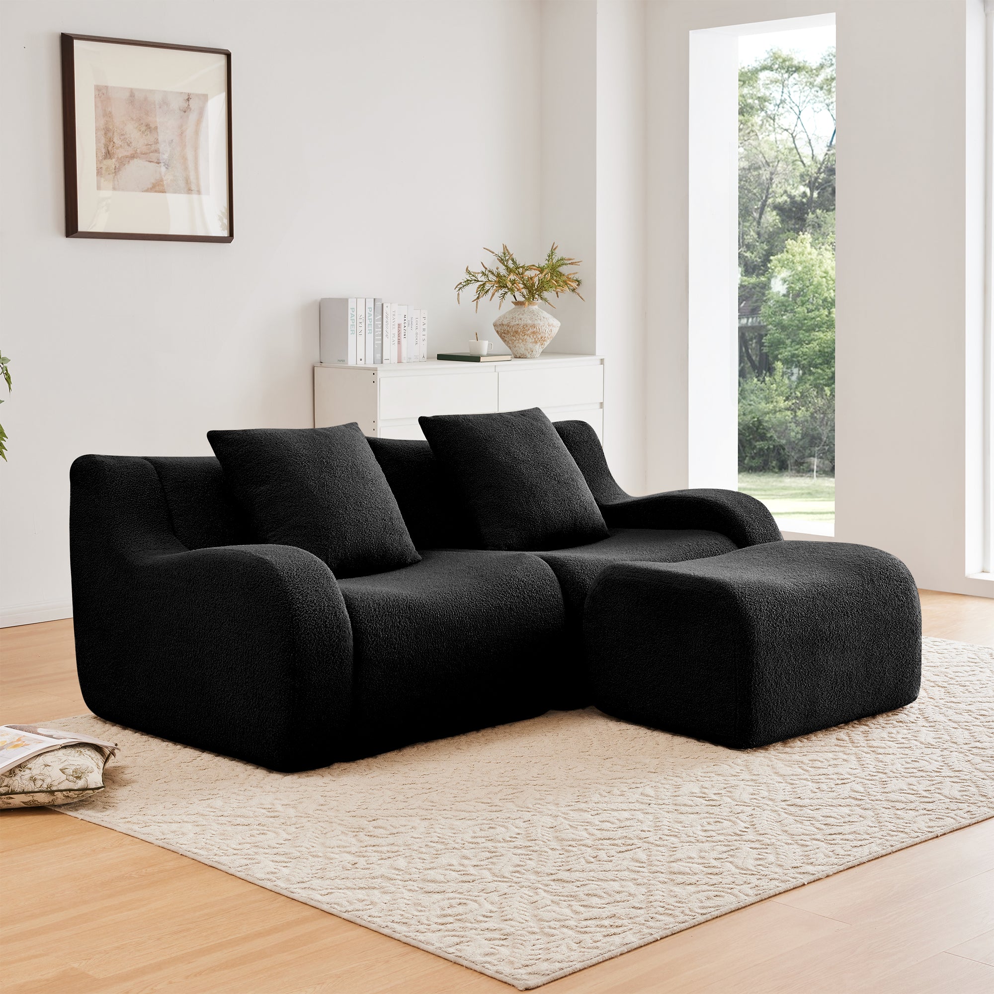 Chico 83" Modular Teddy Fabric L-Shaped Loveseat Sofa with Movable Ottoman
