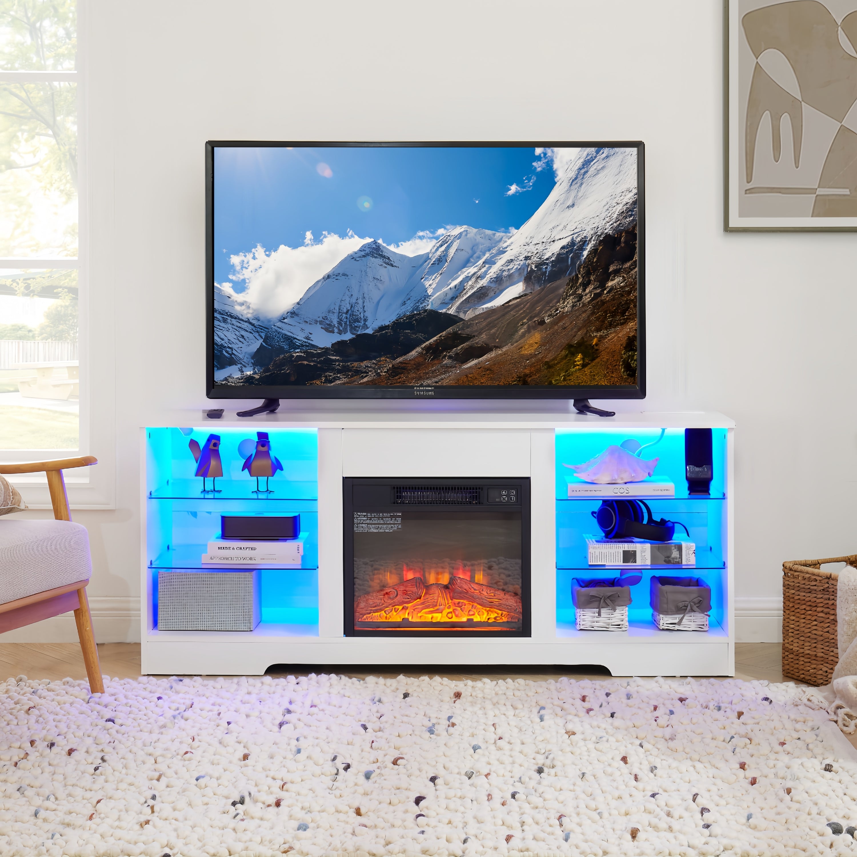 Aether 58" Modern Wood Electric Fireplace TV Stand with LED Lights White
