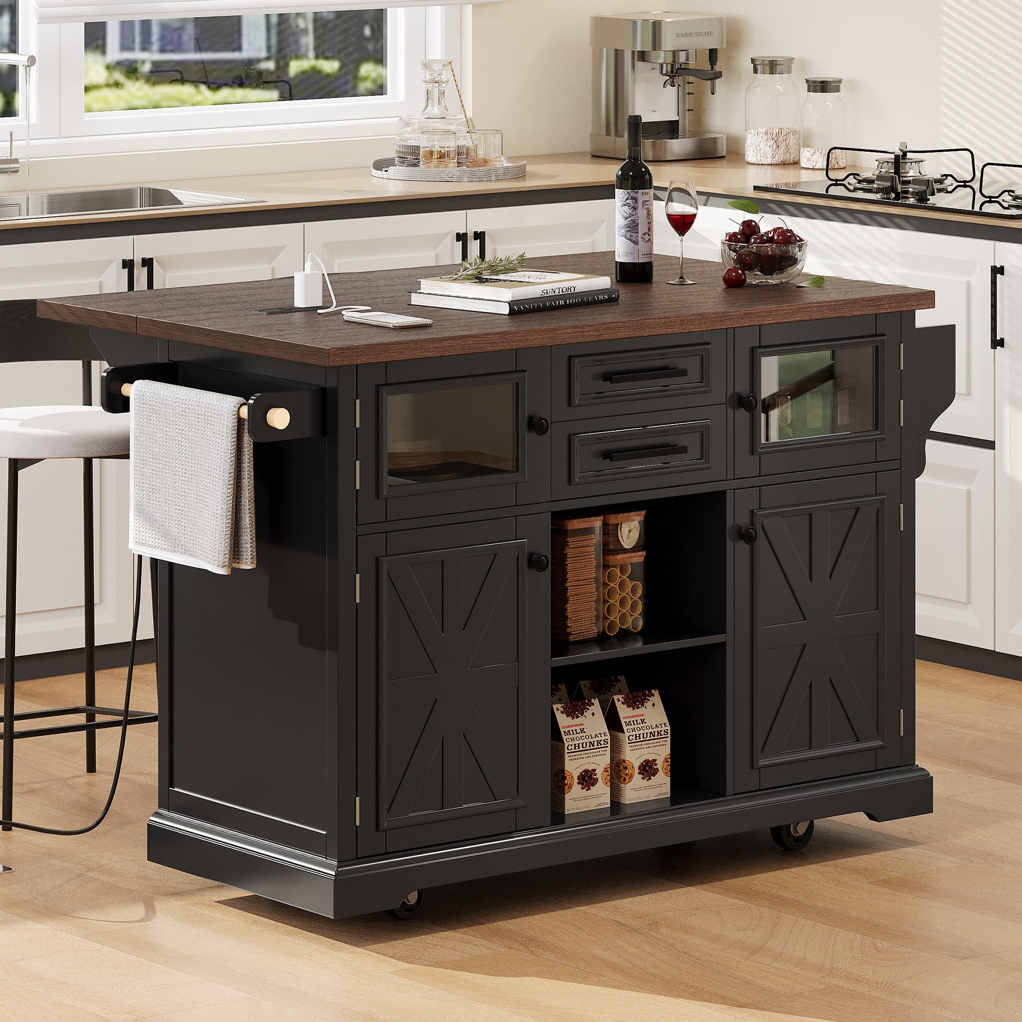Brutal 55" Farmhouse Rolling Kitchen Island with Drop Leaf and Power Outlet