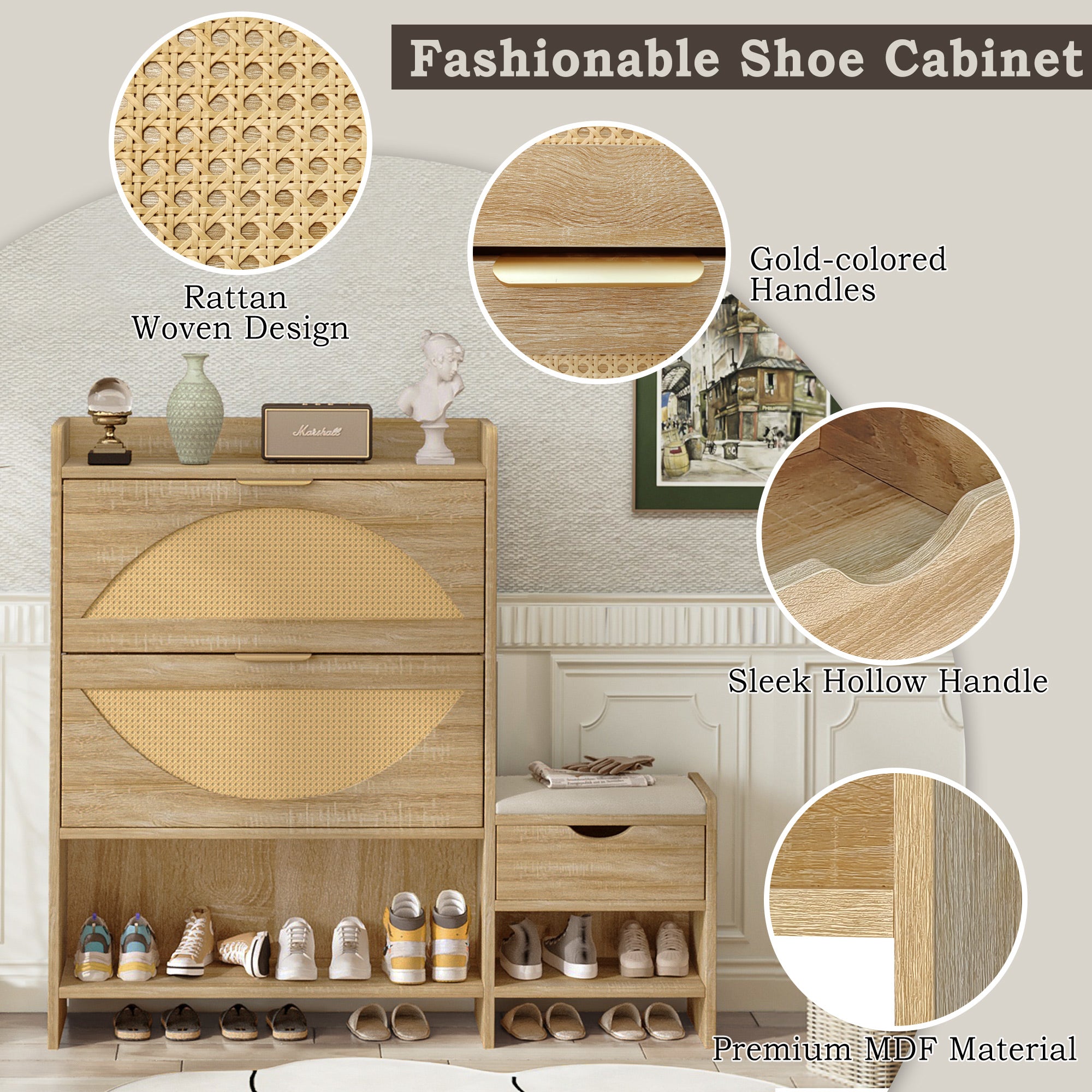 Willow Rattan Shoe Storage Cabinet with Flip Drawers & Bench, Natural Wood Finish