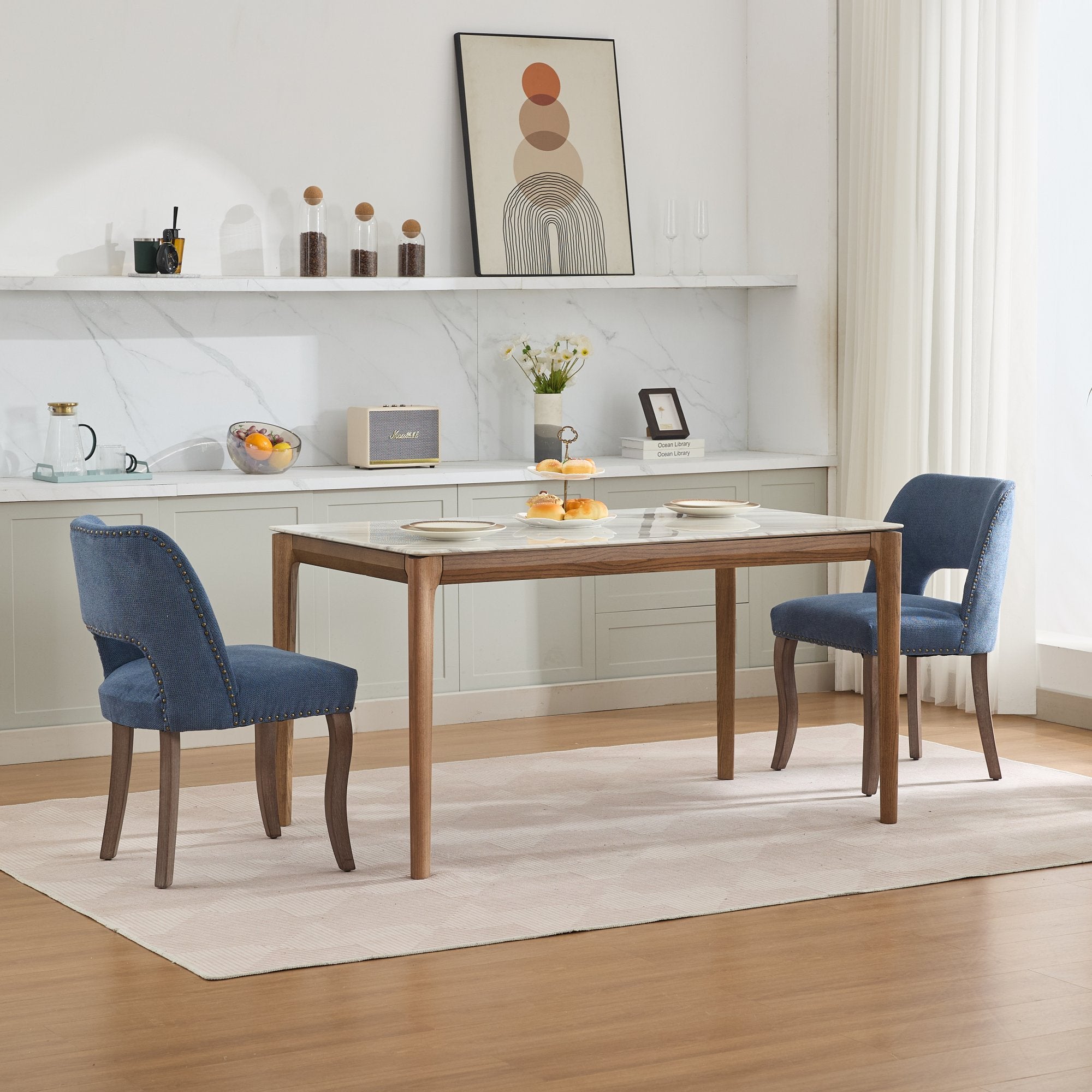 Tiberis Modern Fabric Upholstered Dining Chair Set of 2 Wood Frame