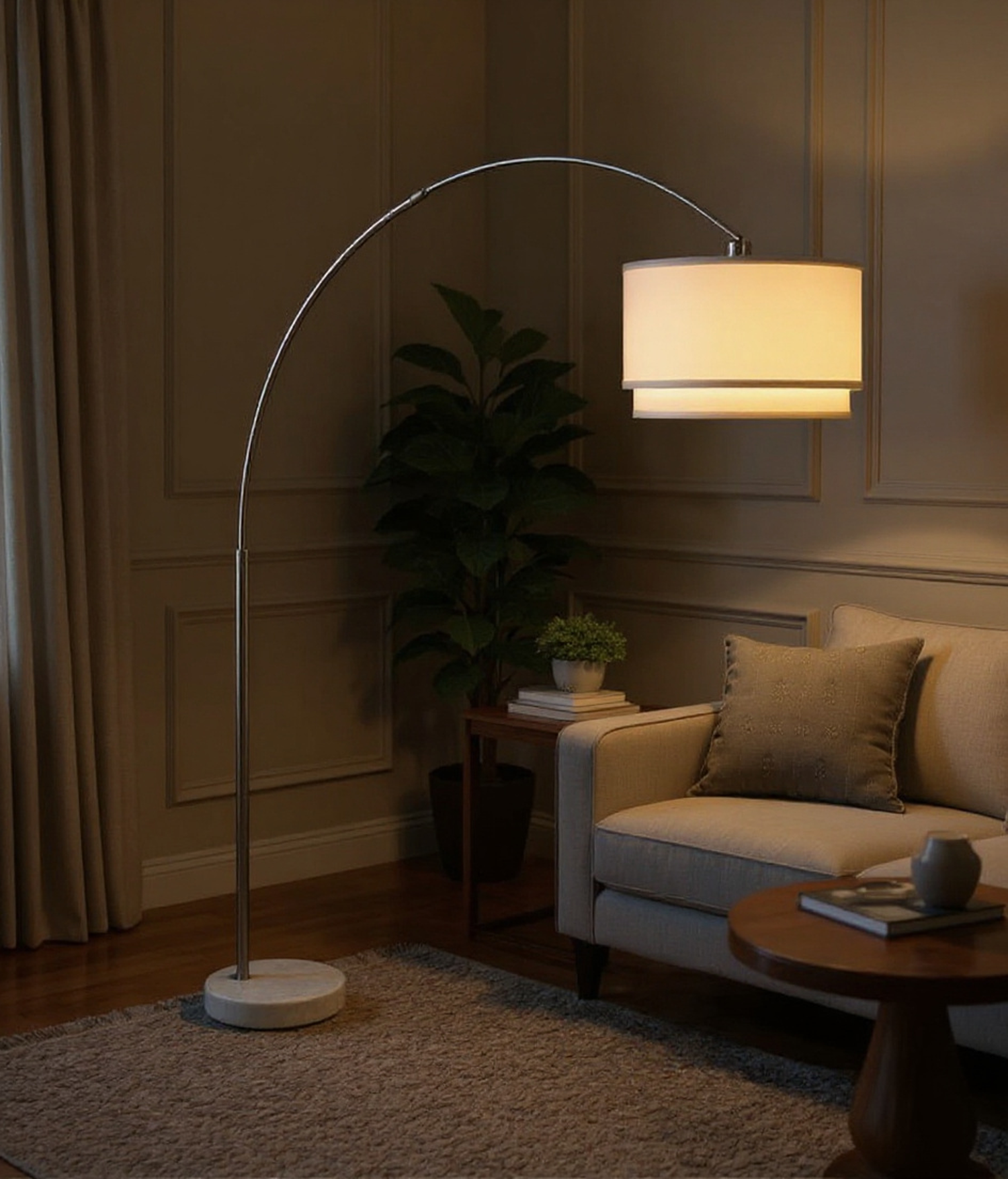 Glint Arc Floor Lamp with Double Shade and Marble Base