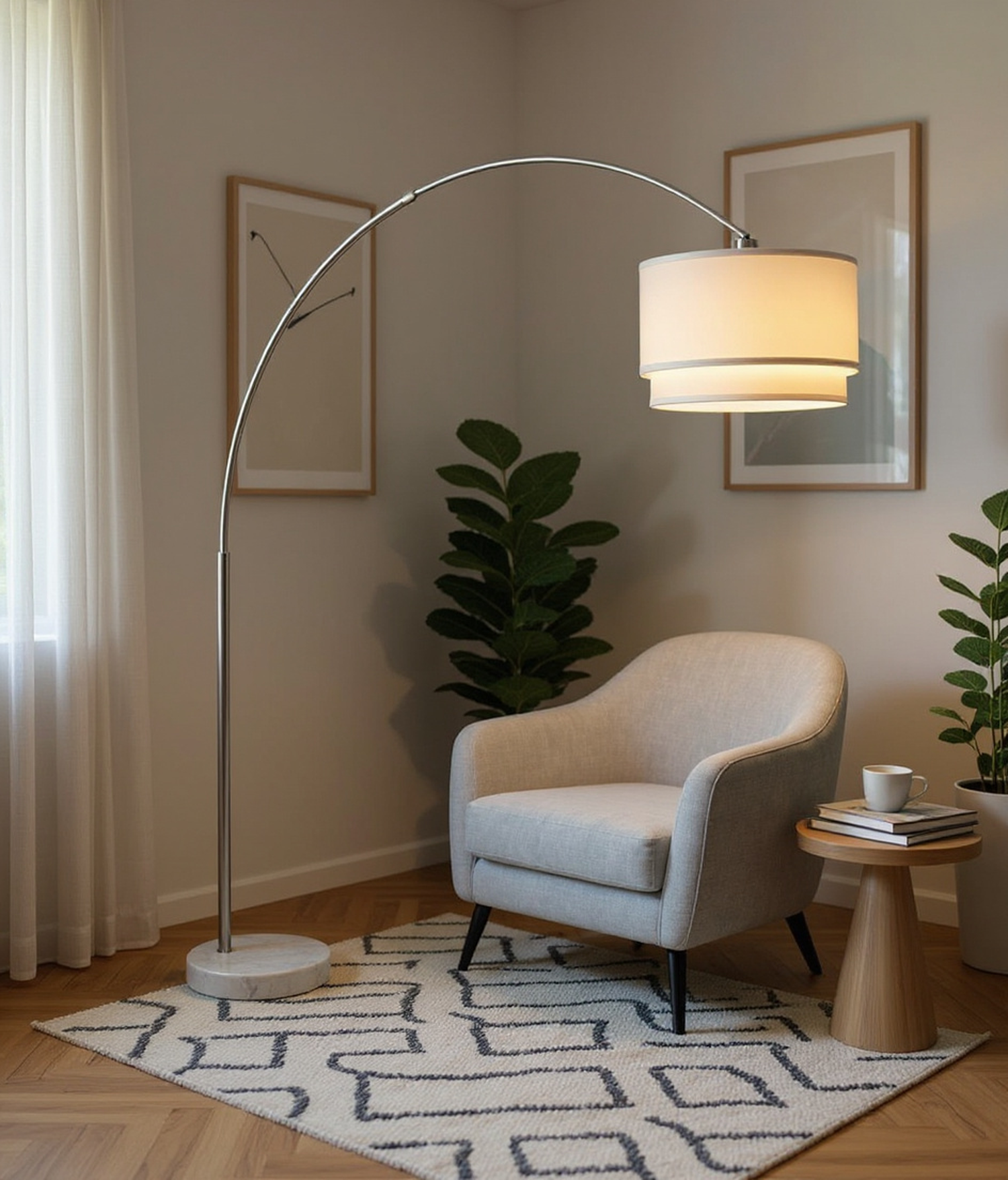 Glint Arc Floor Lamp with Double Shade and Marble Base