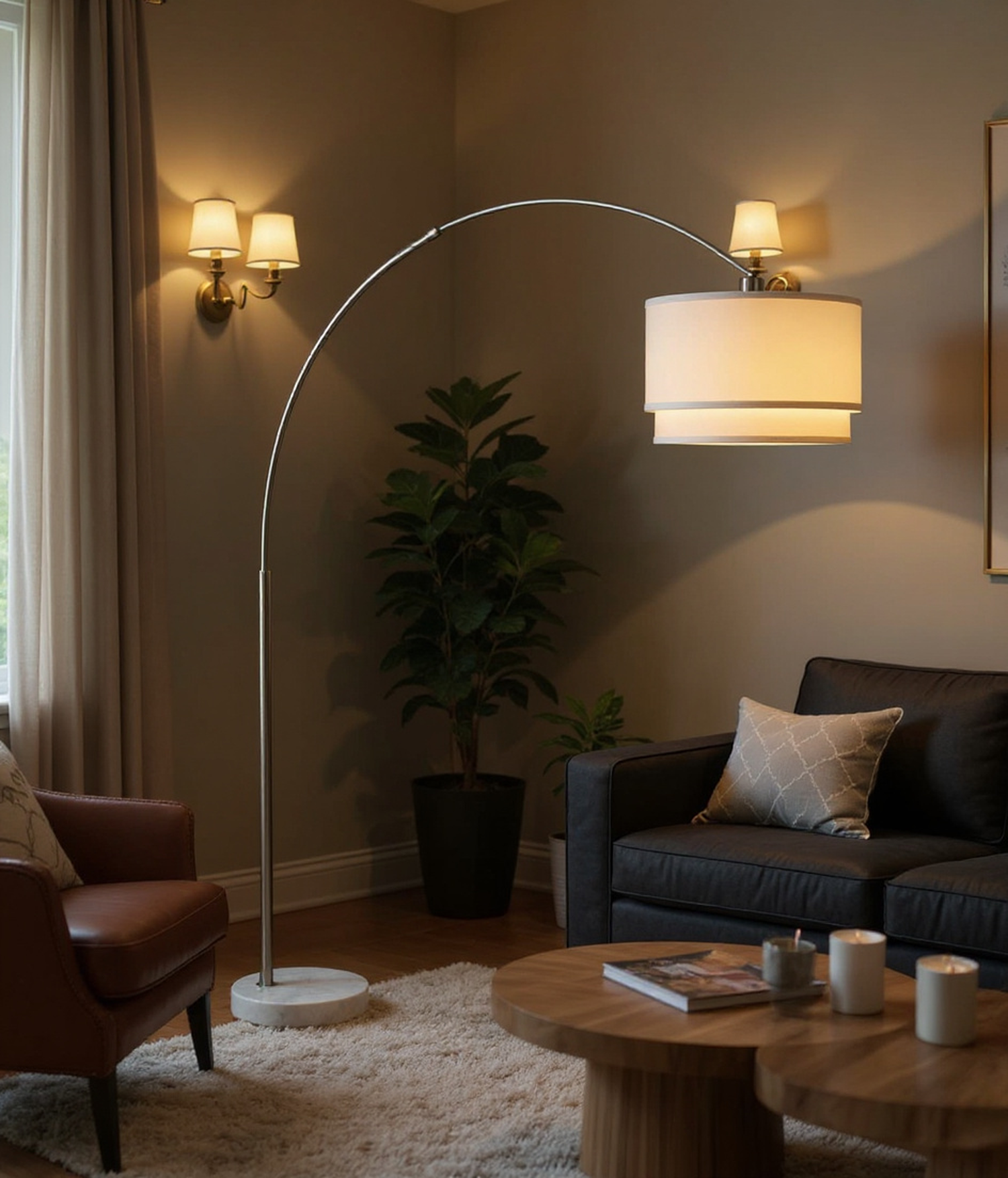 Glint Arc Floor Lamp with Double Shade and Marble Base