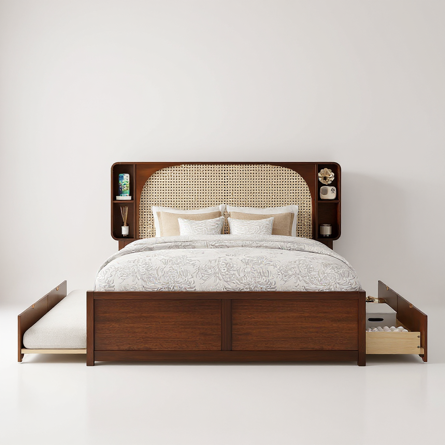 Hedda Queen Size Rattan Headboard Bed with Two Drawers and Trundle Bed