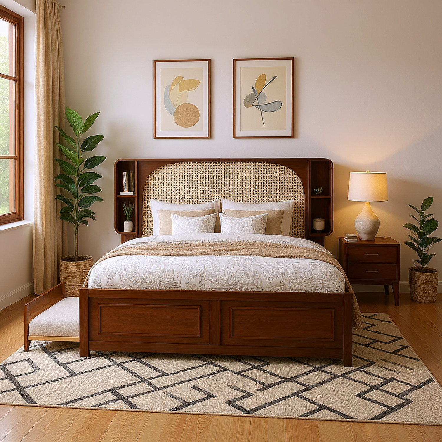 Hedda Queen Size Rattan Headboard Bed with Two Drawers and Trundle Bed