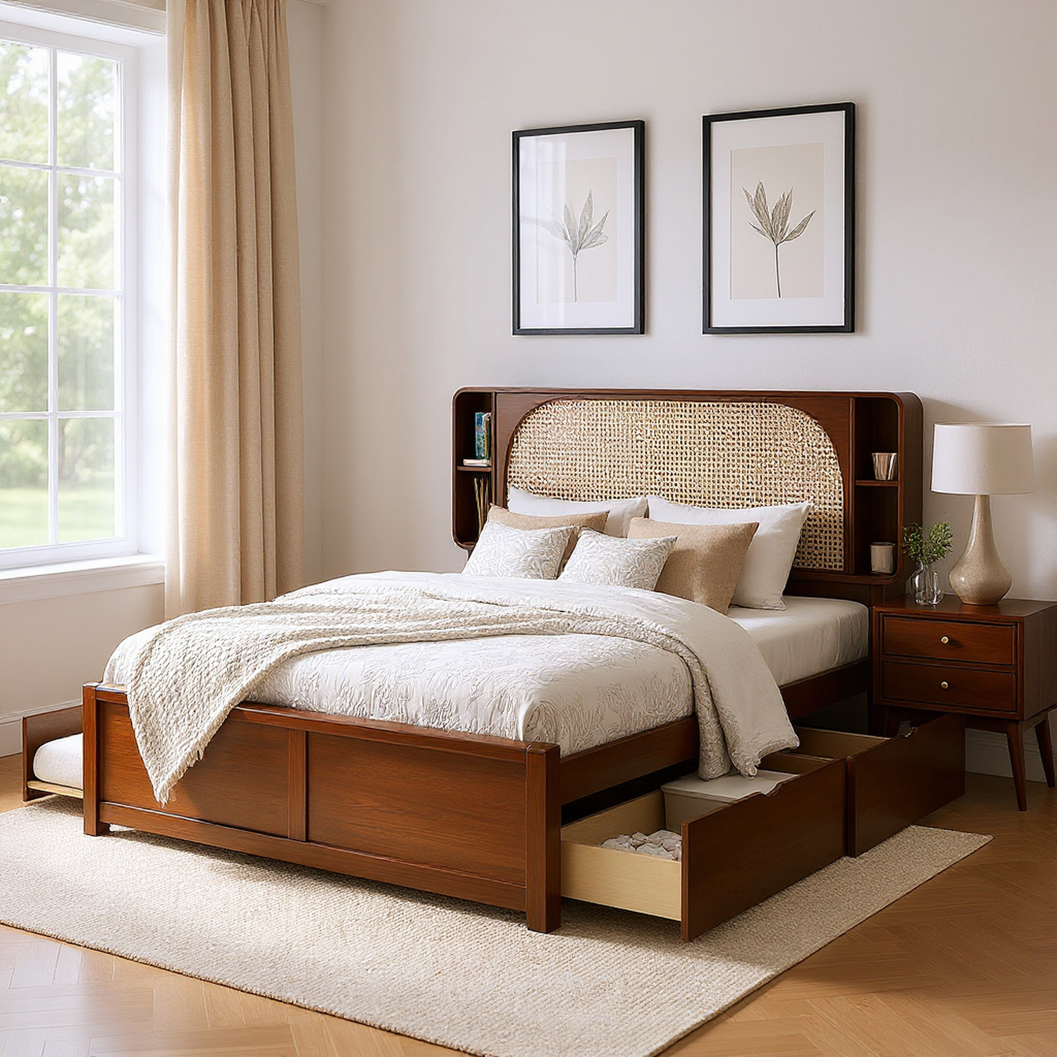 Hedda Queen Size Rattan Headboard Bed with Two Drawers and Trundle Bed