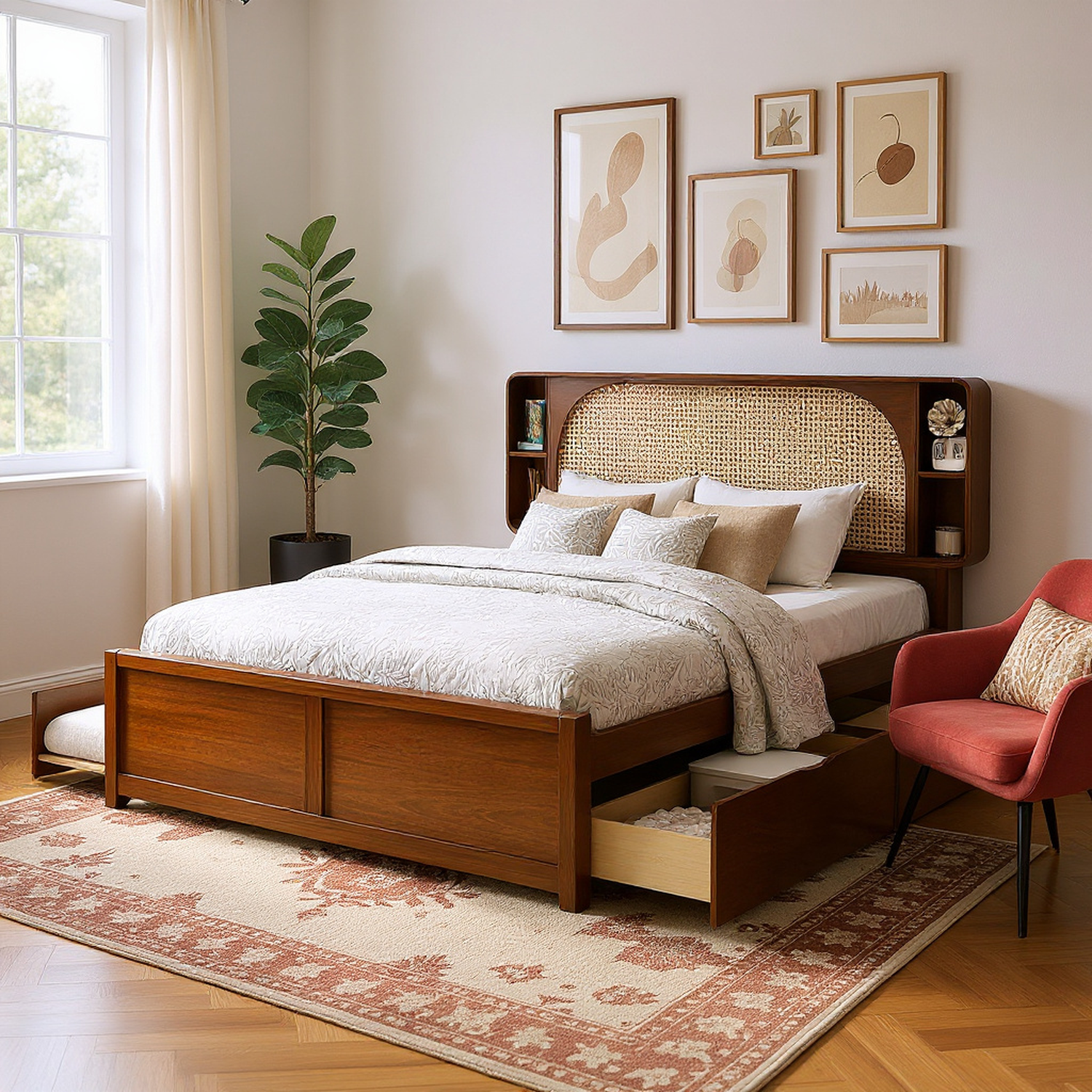 Hedda Queen Size Rattan Headboard Bed with Two Drawers and Trundle Bed