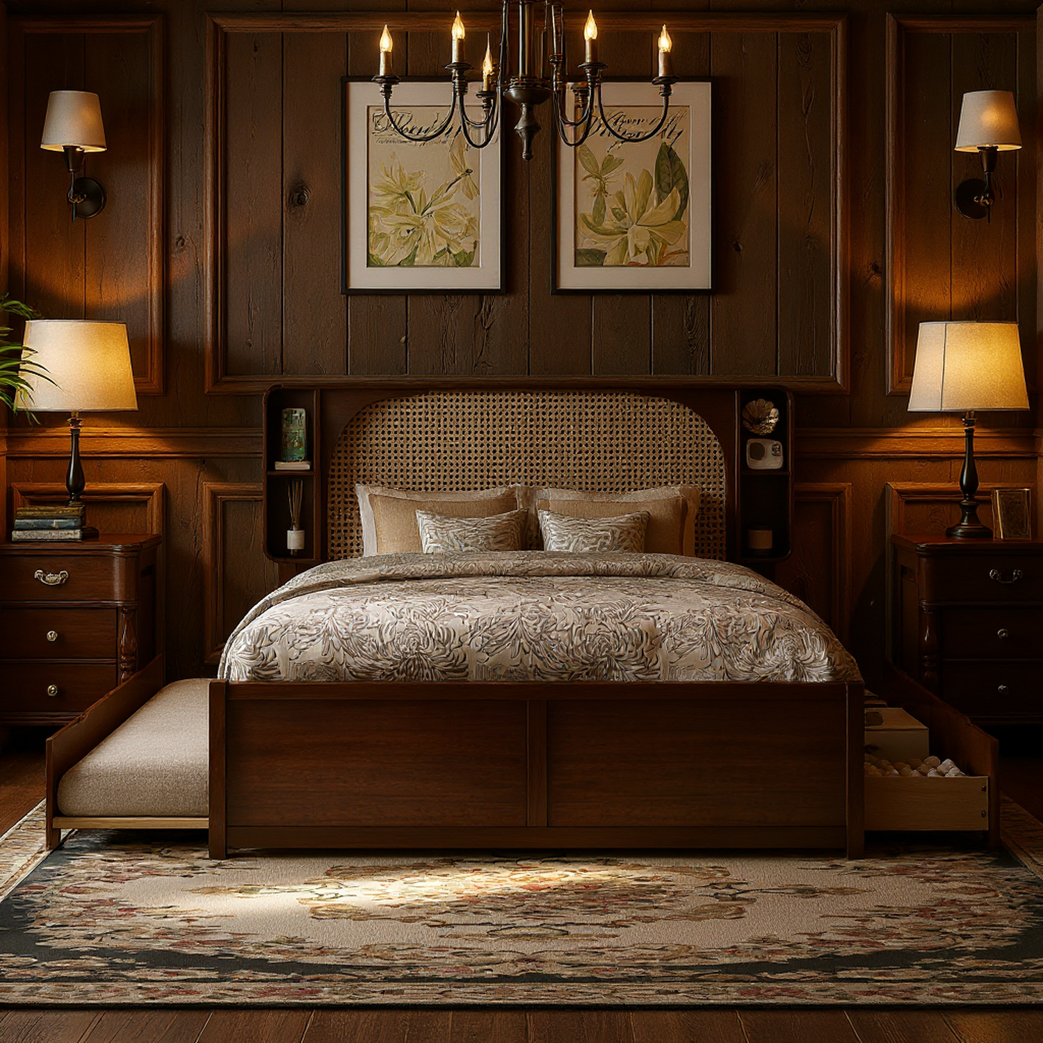 Hedda Queen Size Rattan Headboard Bed with Two Drawers and Trundle Bed