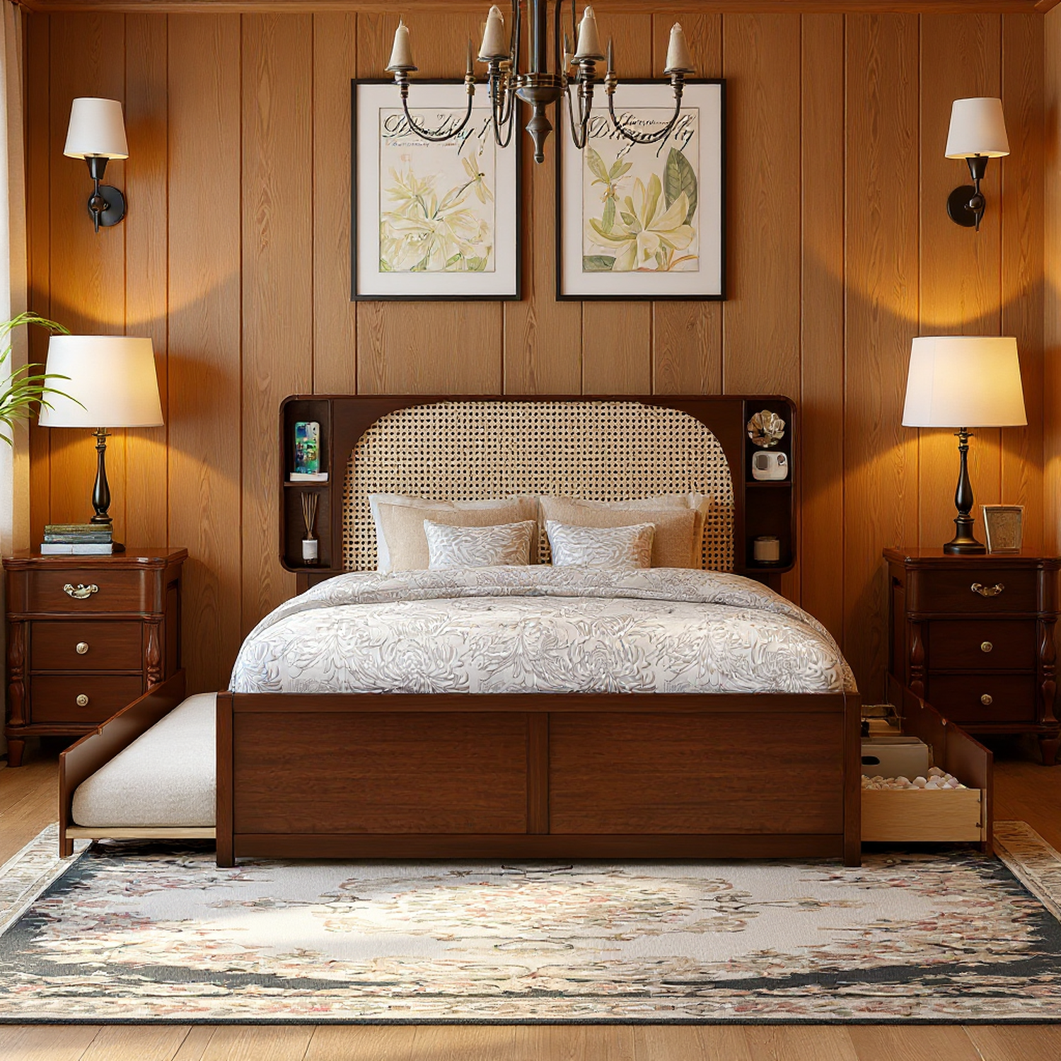 Hedda Queen Size Rattan Headboard Bed with Two Drawers and Trundle Bed