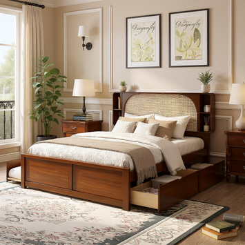 Hedda Queen Size Rattan Headboard Bed with Two Drawers and Trundle Bed