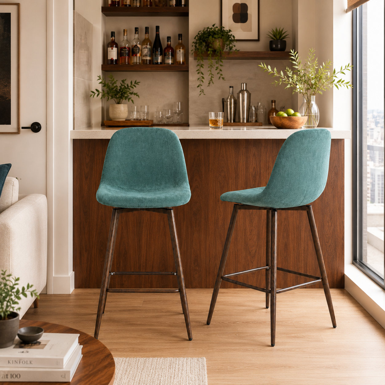 Charlton 26" Swivel Counter Height Bar Stools with Walnut Metal Legs Set of 2