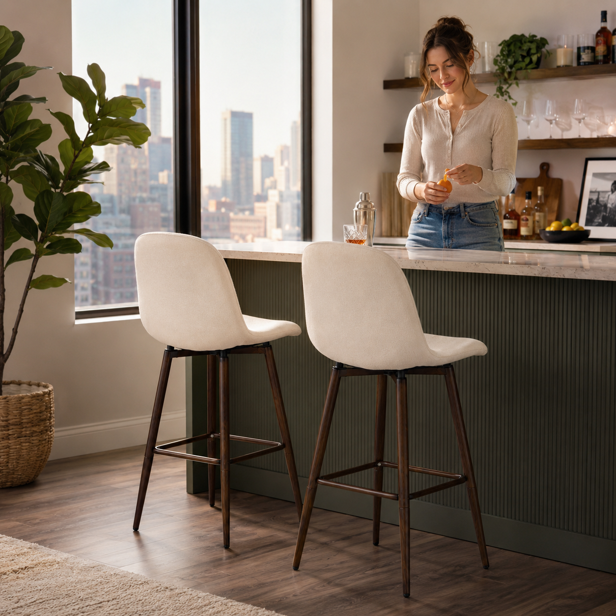 Charlton 26" Swivel Counter Height Bar Stools with Walnut Metal Legs Set of 2