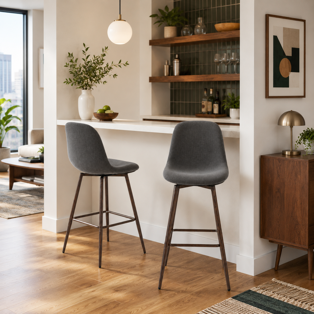 Charlton 26" Swivel Counter Height Bar Stools with Walnut Metal Legs Set of 2