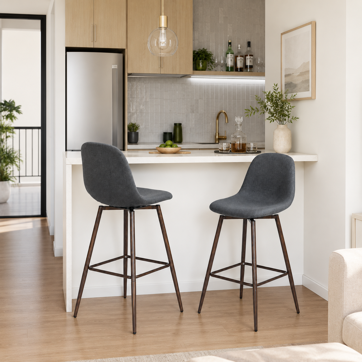 Charlton 26" Swivel Counter Height Bar Stools with Walnut Metal Legs Set of 2