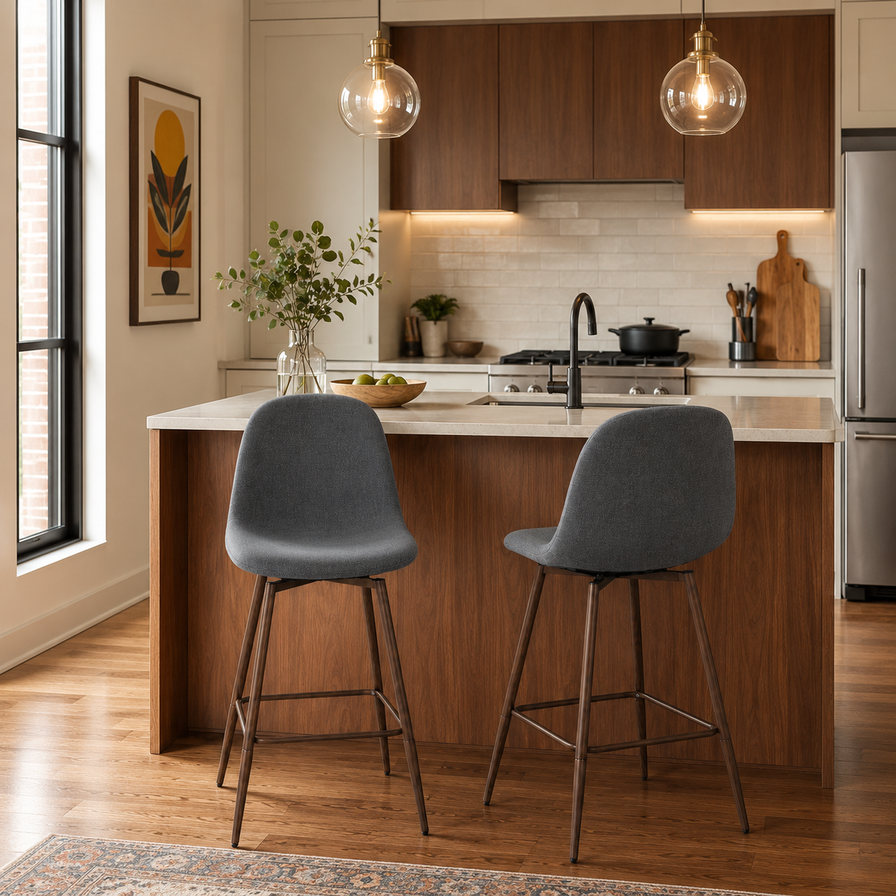 Charlton 26" Swivel Counter Height Bar Stools with Walnut Metal Legs Set of 2