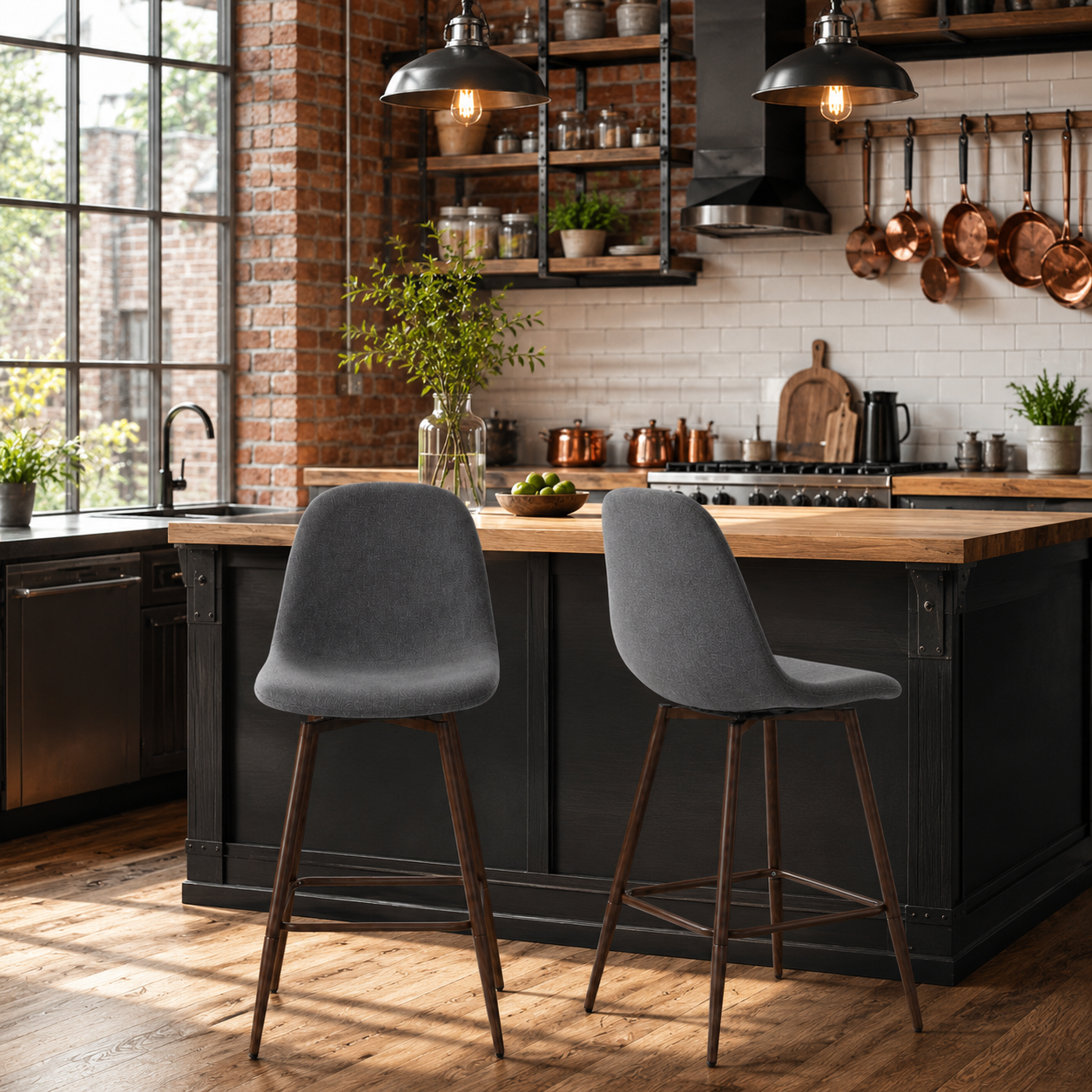 Charlton 26" Swivel Counter Height Bar Stools with Walnut Metal Legs Set of 2
