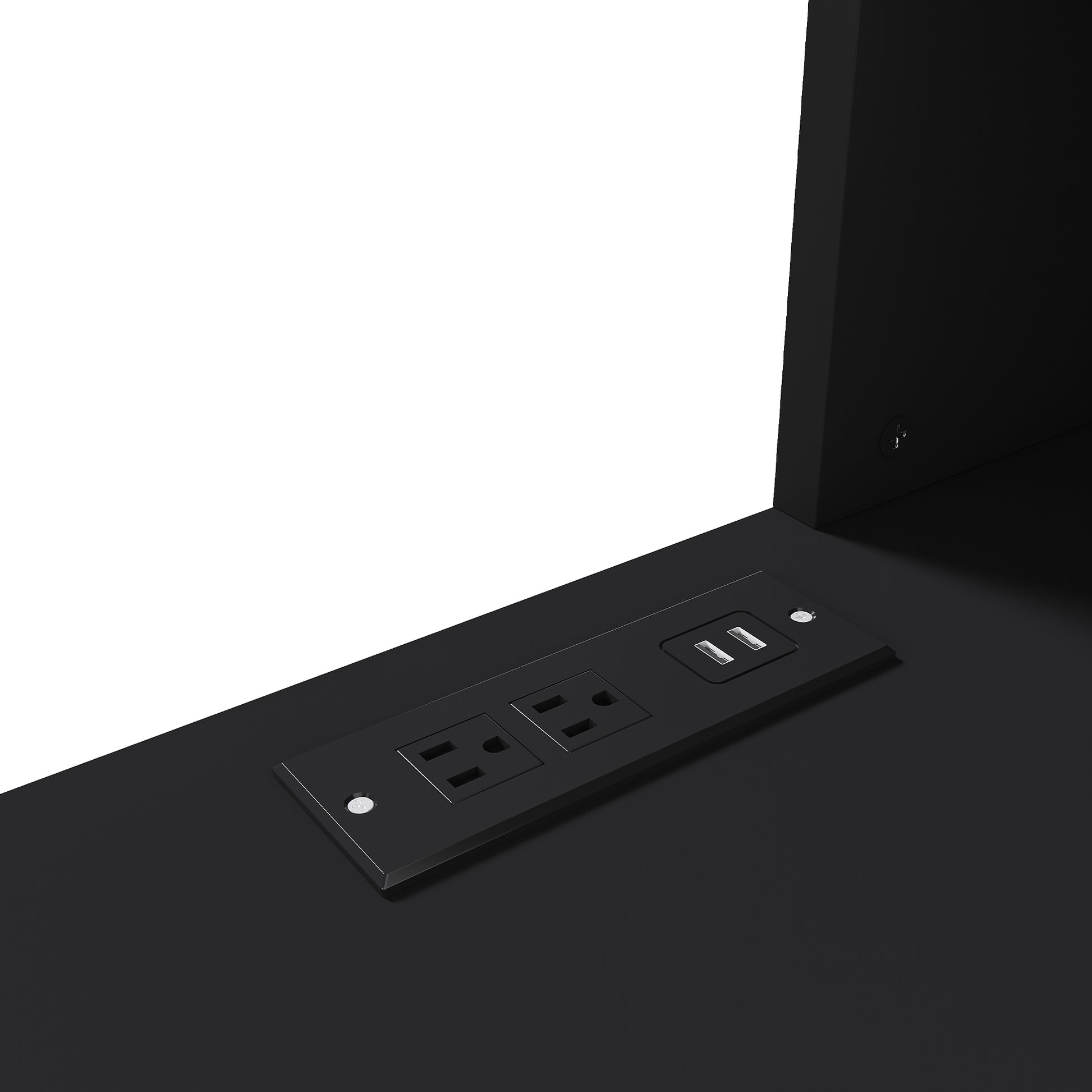 Aalto black computer desk showing built-in power outlet detail