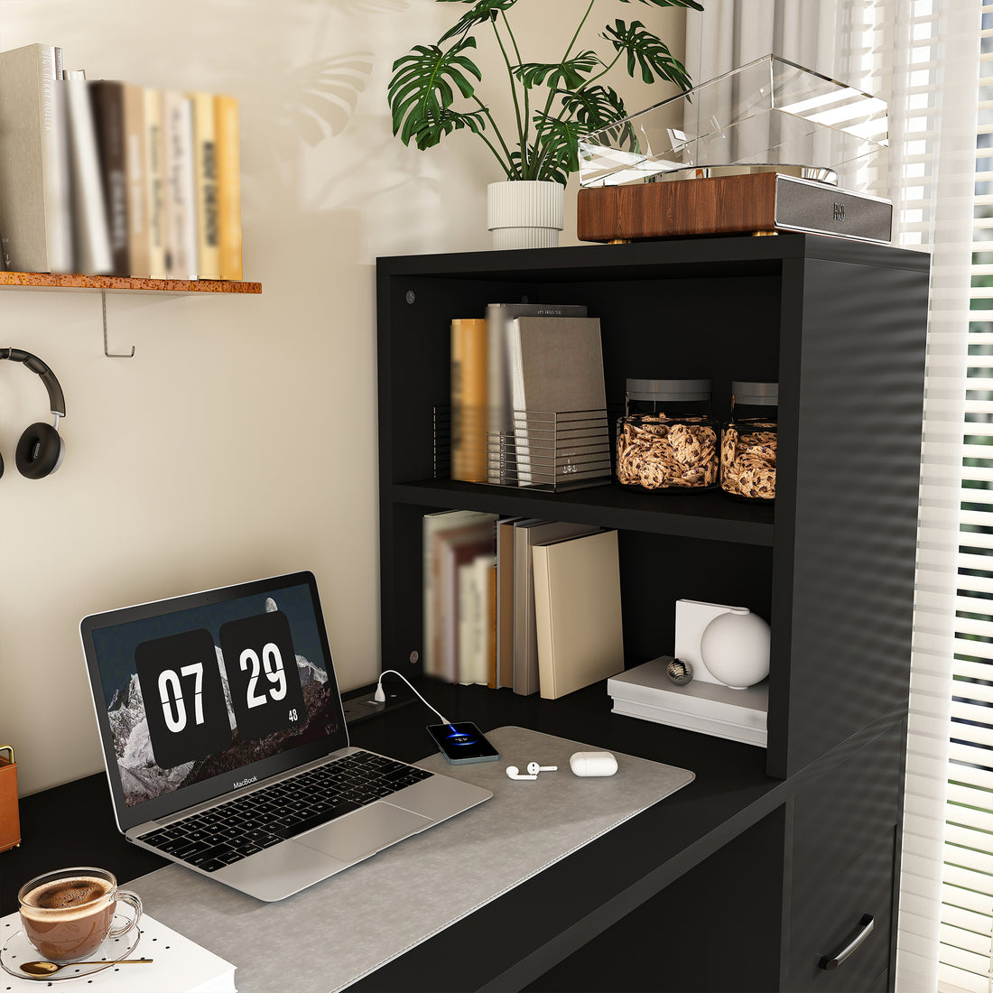 Aalto black computer desk showing hutch and open storage shelves detail
