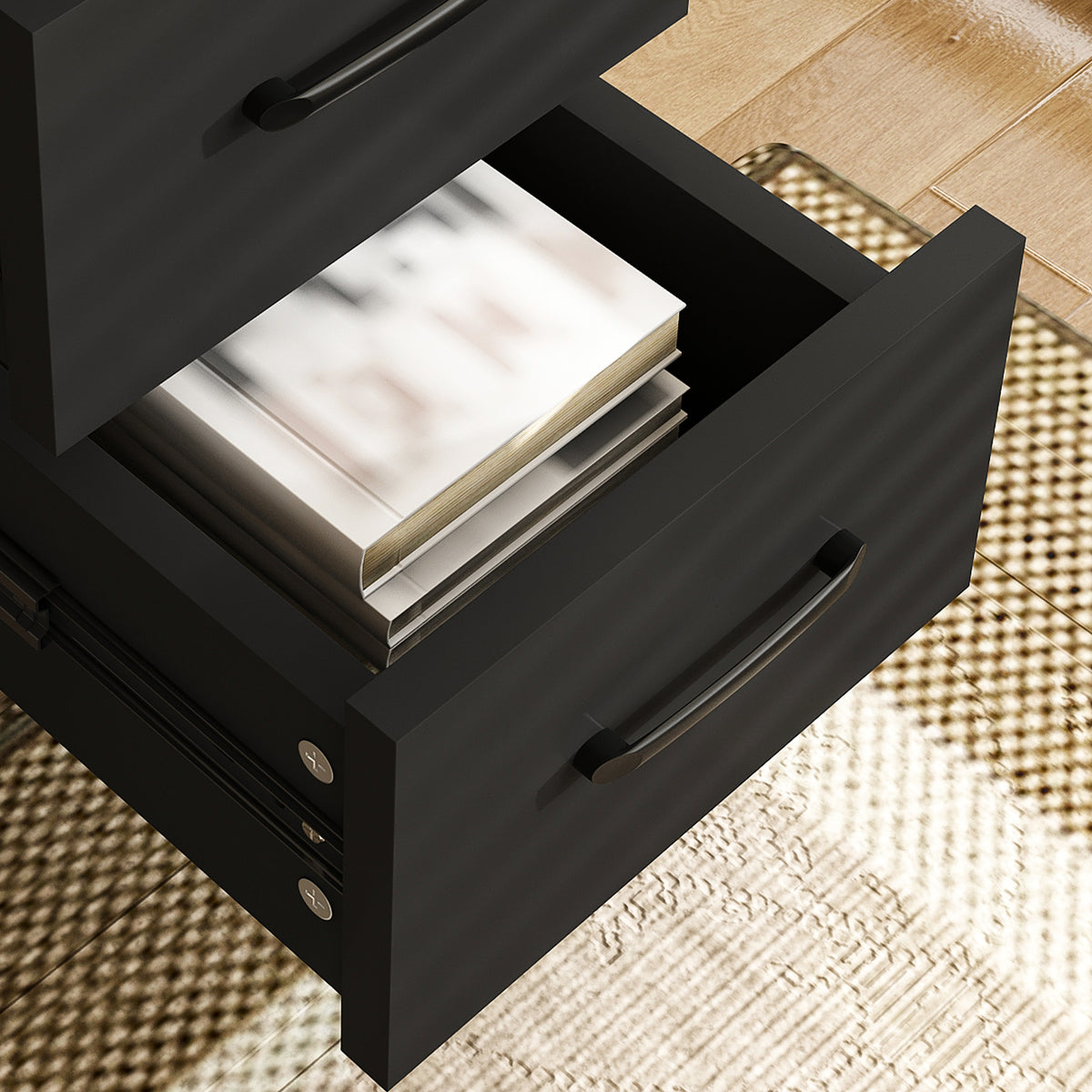 Aalto black computer desk showing upper drawer storage detail