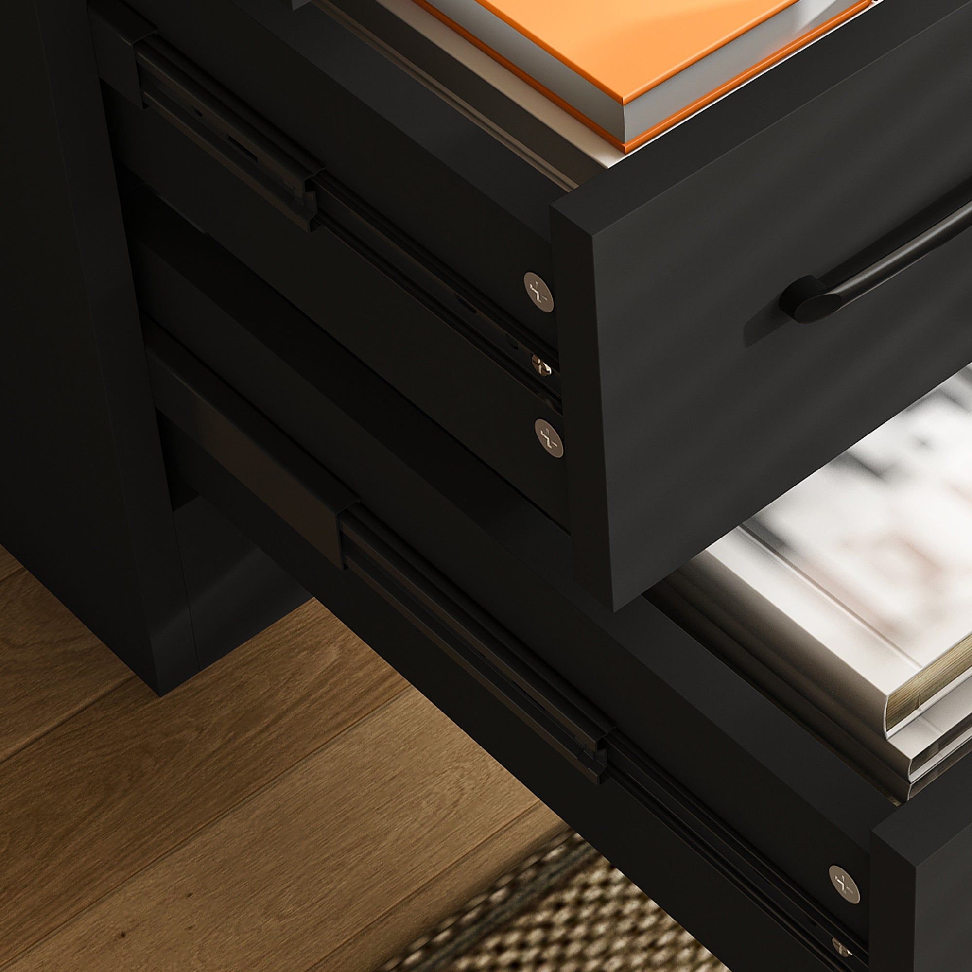 Aalto black computer desk showing drawer storage detail